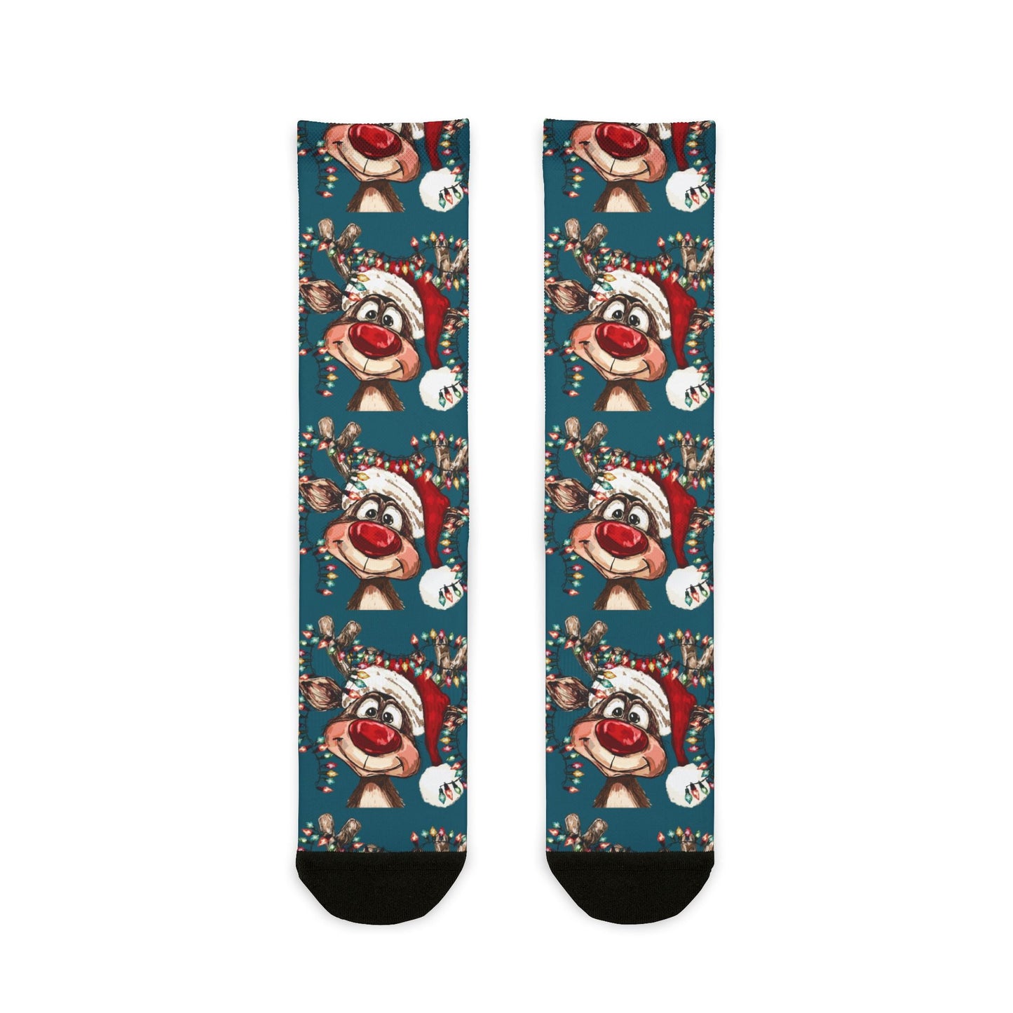 Festive Reindeer Holiday Crew Socks, Unique Stocking Stuffer - Blue Cava