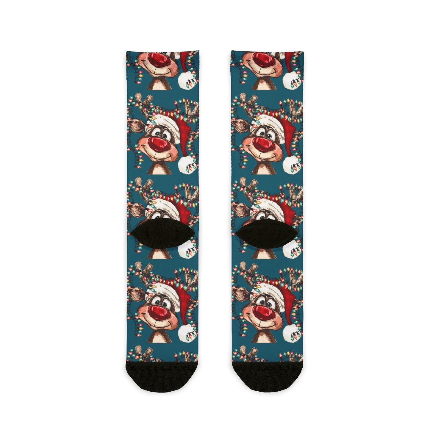 Festive Reindeer Holiday Crew Socks, Unique Stocking Stuffer - Blue Cava