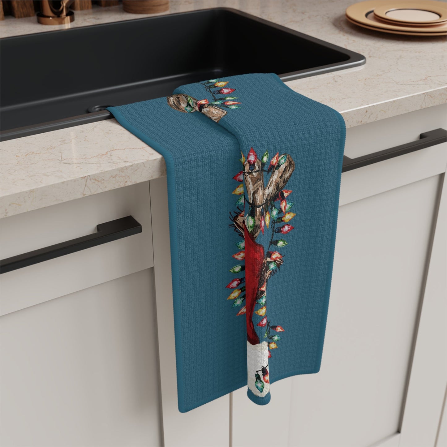 Festive Reindeer Microfiber Waffle Kitchen Towel - Blue Cava