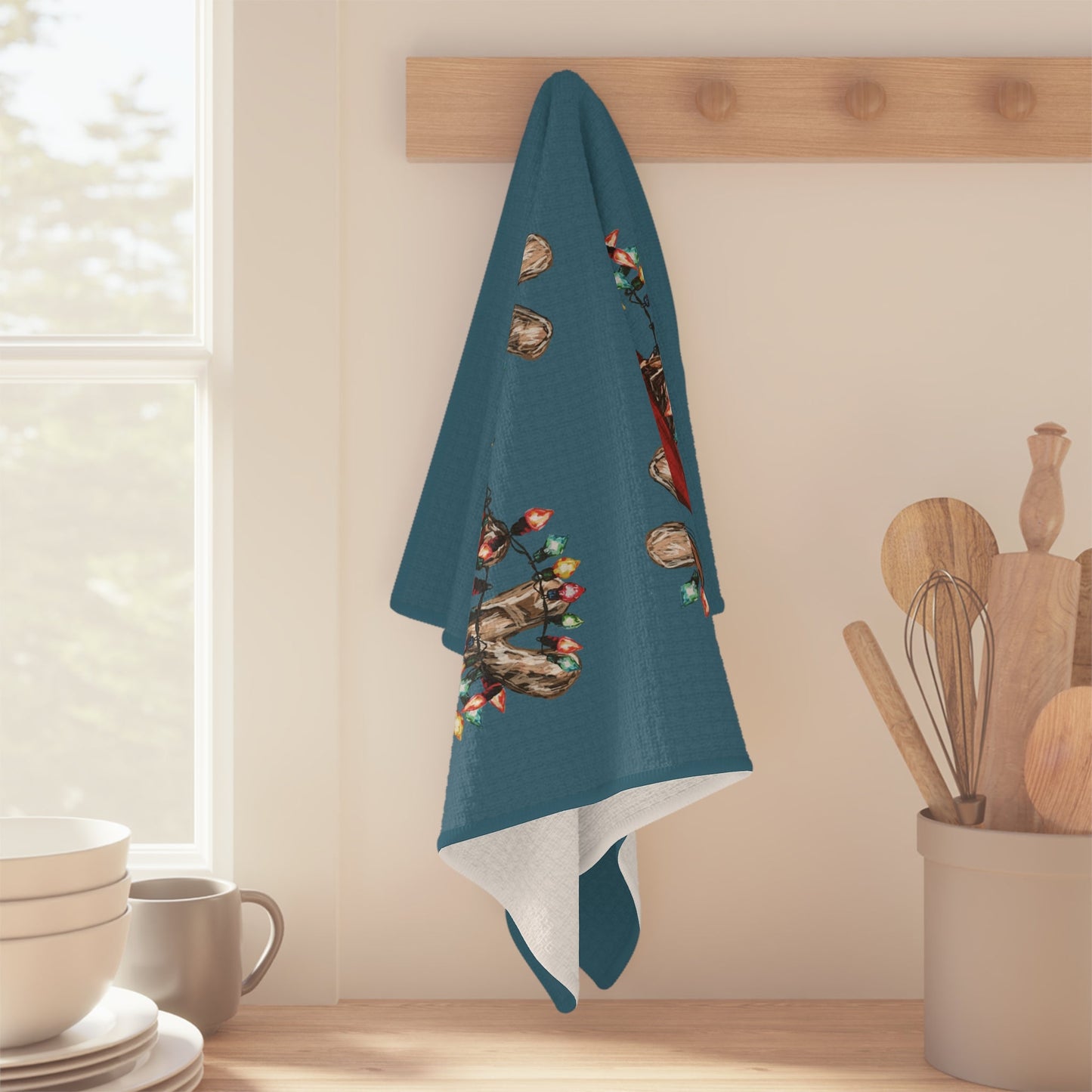Festive Reindeer Microfiber Waffle Kitchen Towel - Blue Cava