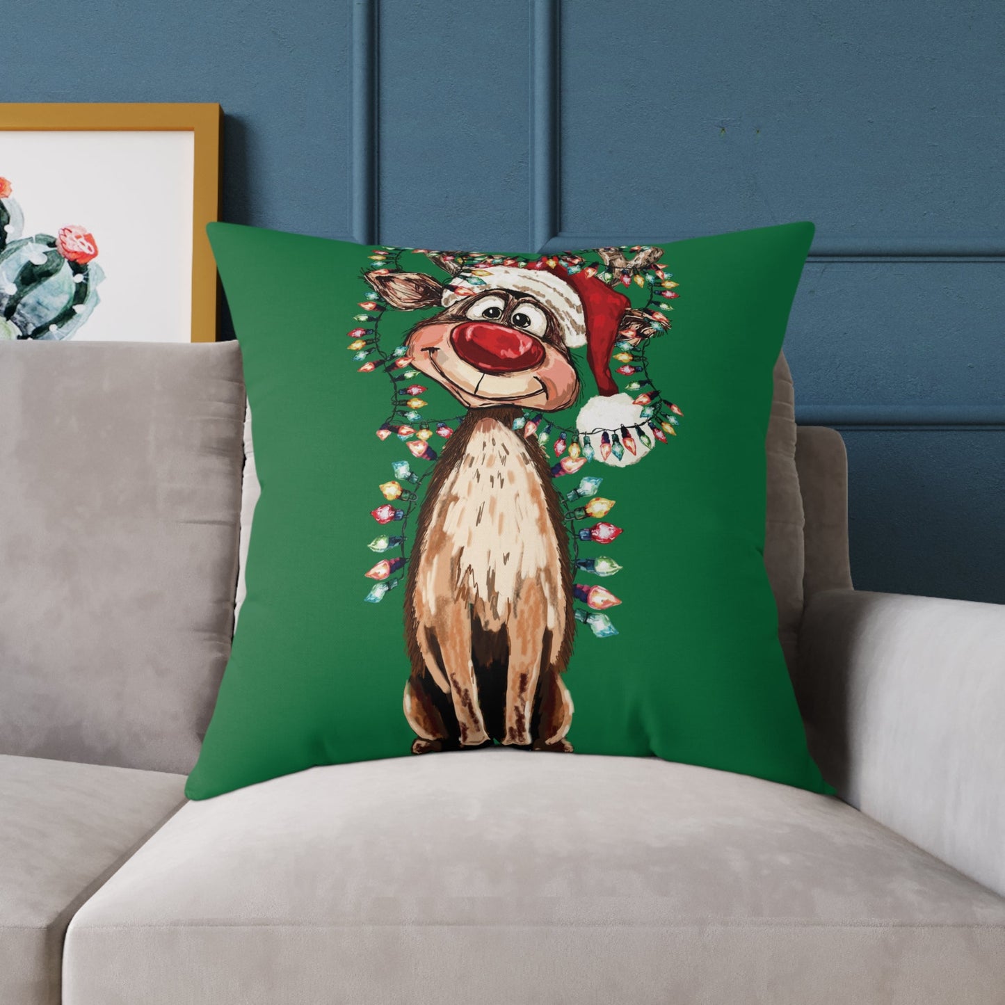 Festive Reindeer Throw Pillow - Christmas Home Decor, Holiday Accents - Blue Cava