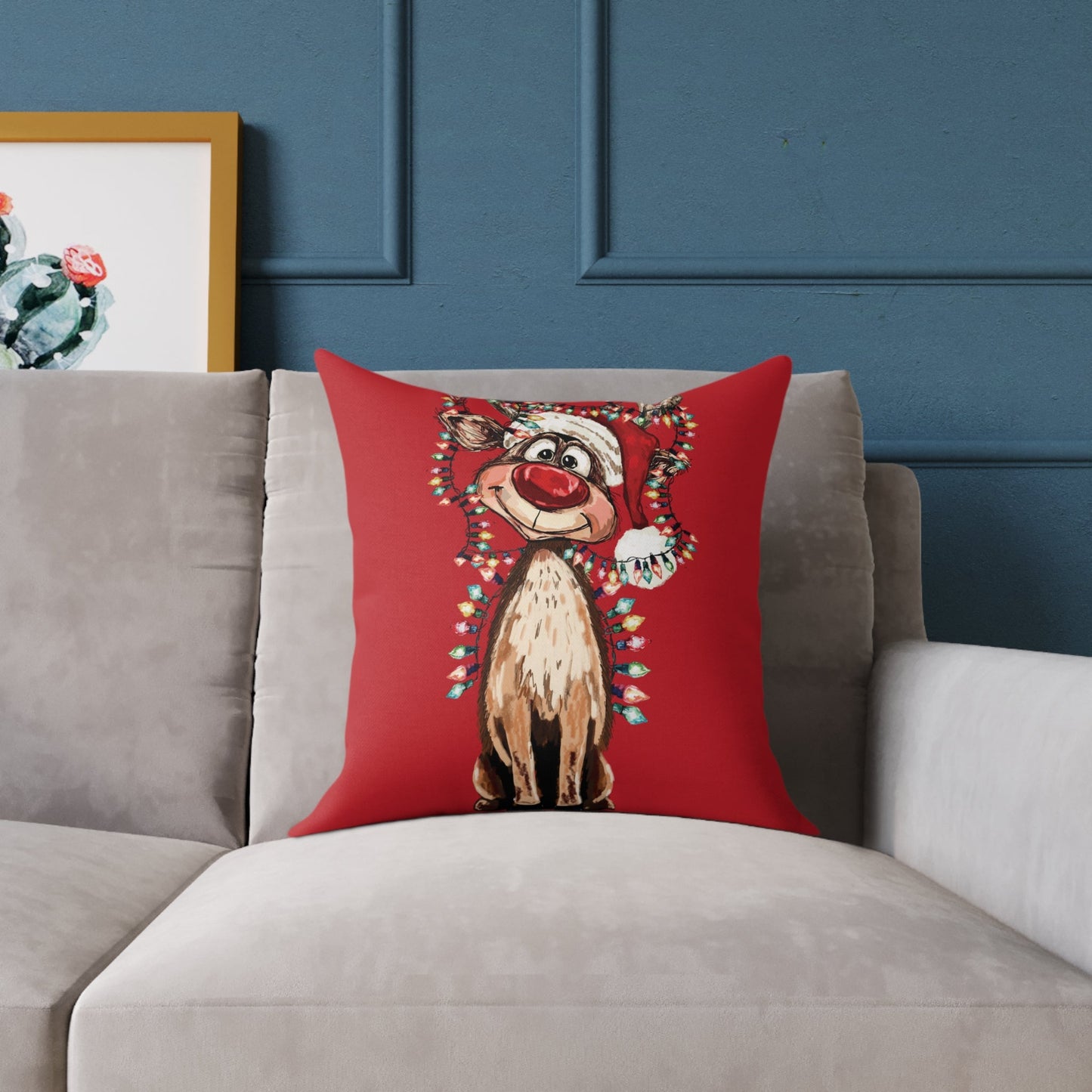 Festive Reindeer Throw Pillow - Christmas Home Decor, Holiday Accents - Blue Cava