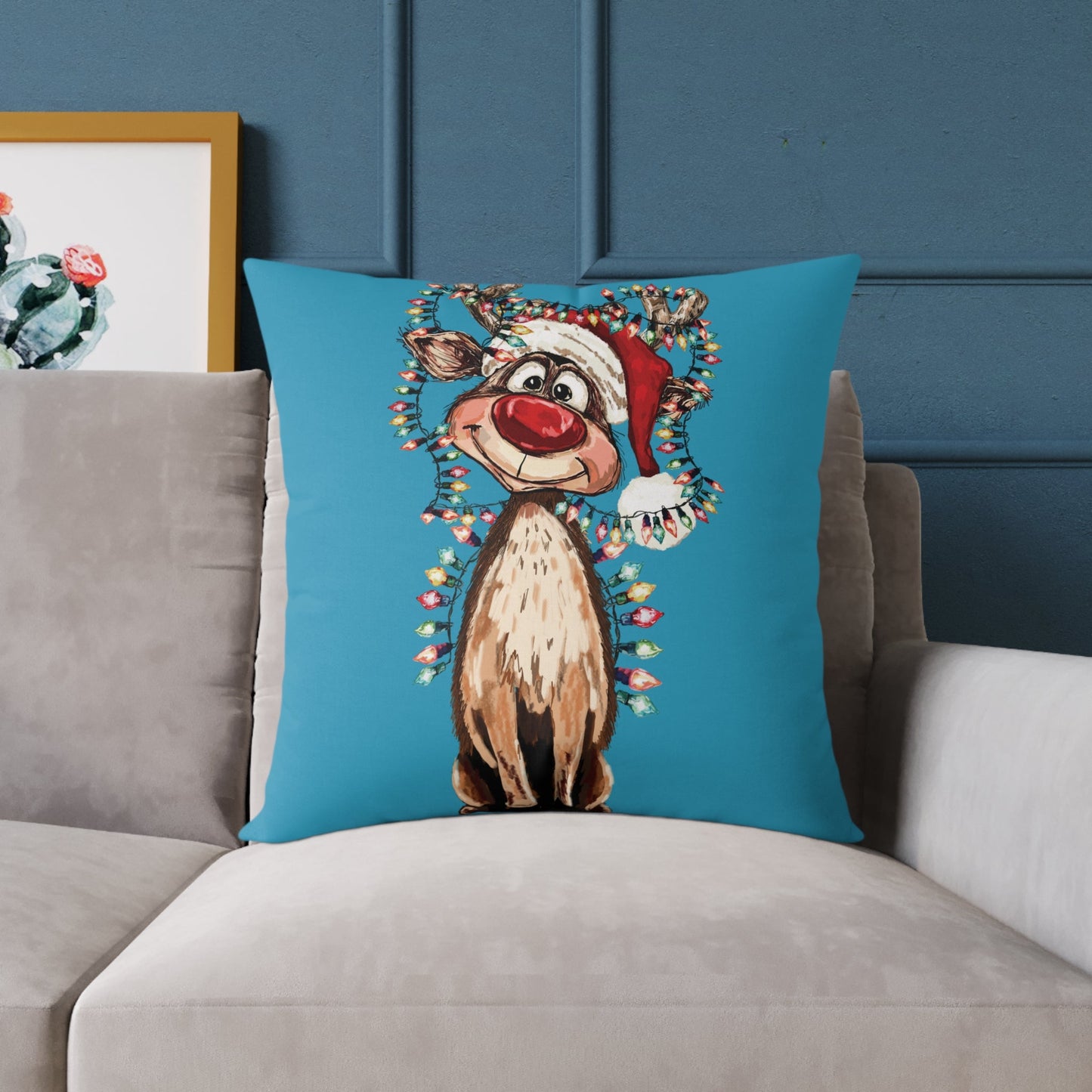 Festive Reindeer Throw Pillow - Christmas Home Decor, Holiday Accents - Blue Cava