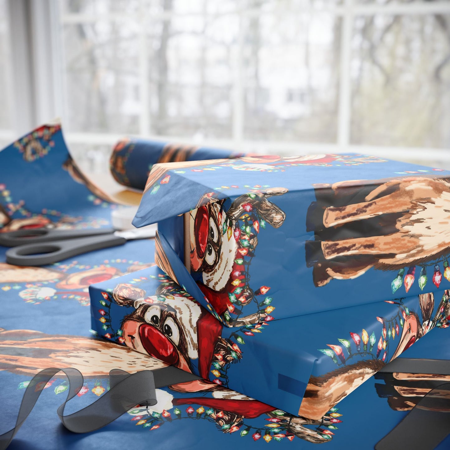 Festive Reindeer Wrapping Paper, Christmas Gift Wrap, Eco - Friendly - Blue Cava