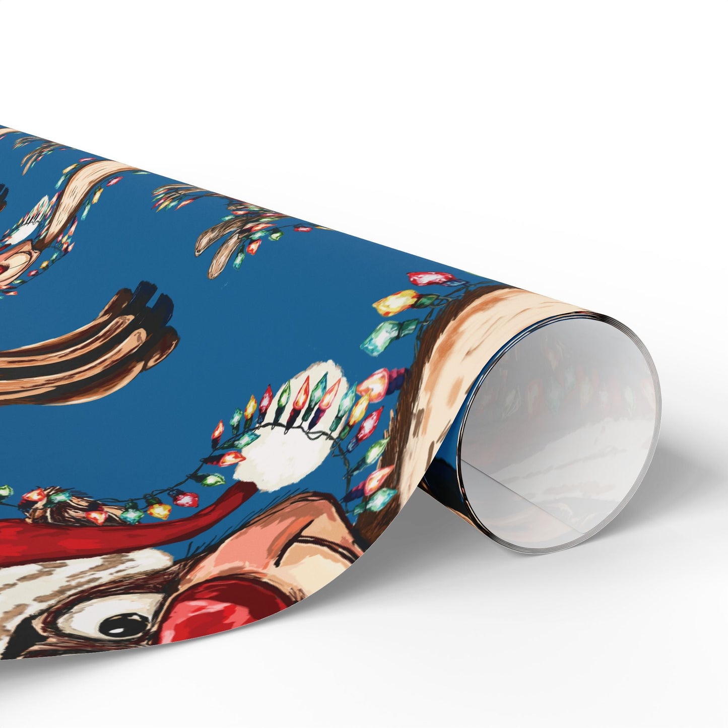 Festive Reindeer Wrapping Paper, Christmas Gift Wrap, Eco - Friendly - Blue Cava