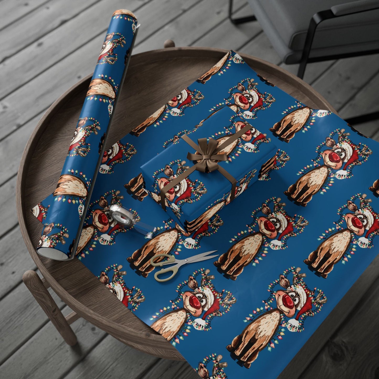 Festive Reindeer Wrapping Paper, Christmas Gift Wrap, Eco - Friendly - Blue Cava