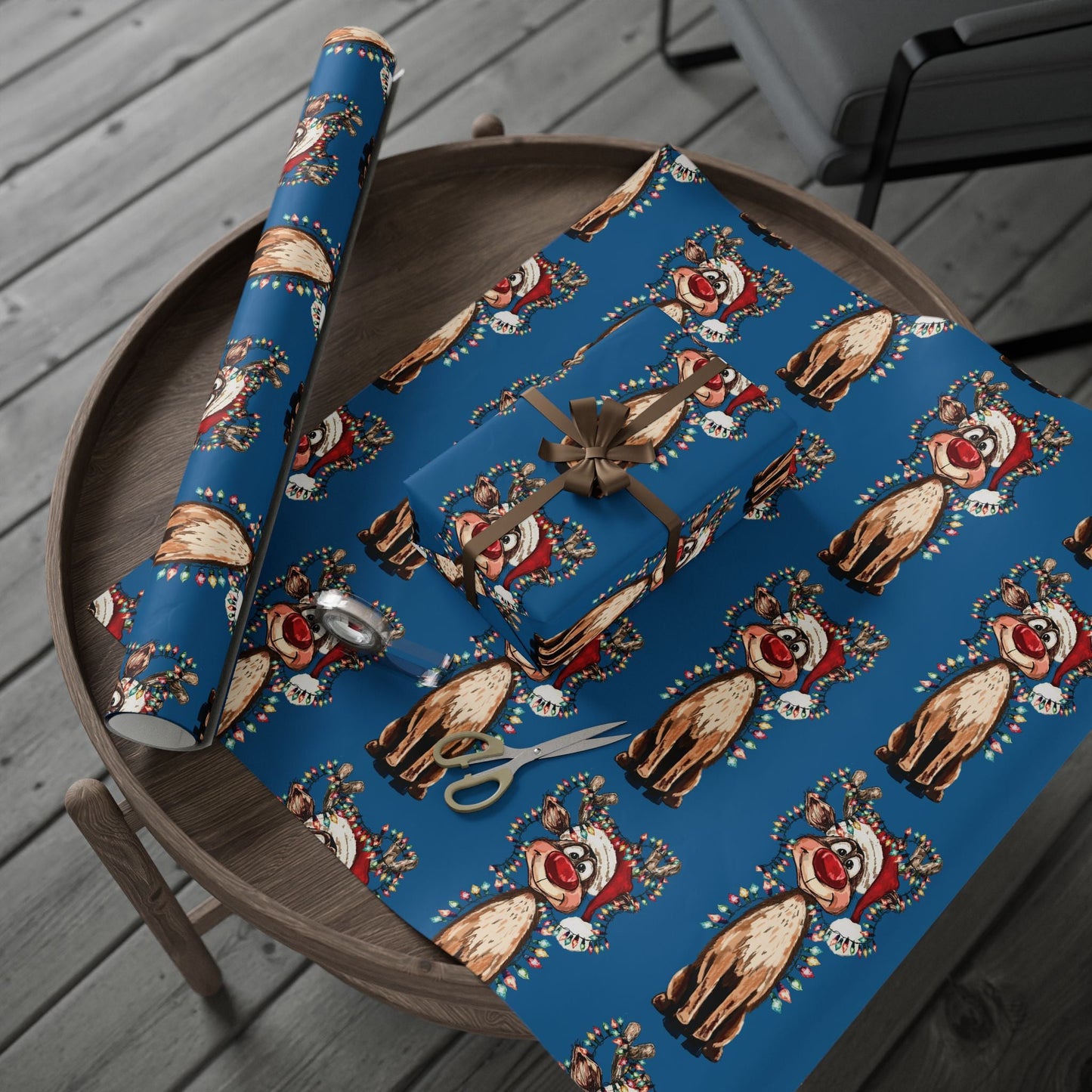 Festive Reindeer Wrapping Paper, Christmas Gift Wrap, Eco - Friendly - Blue Cava