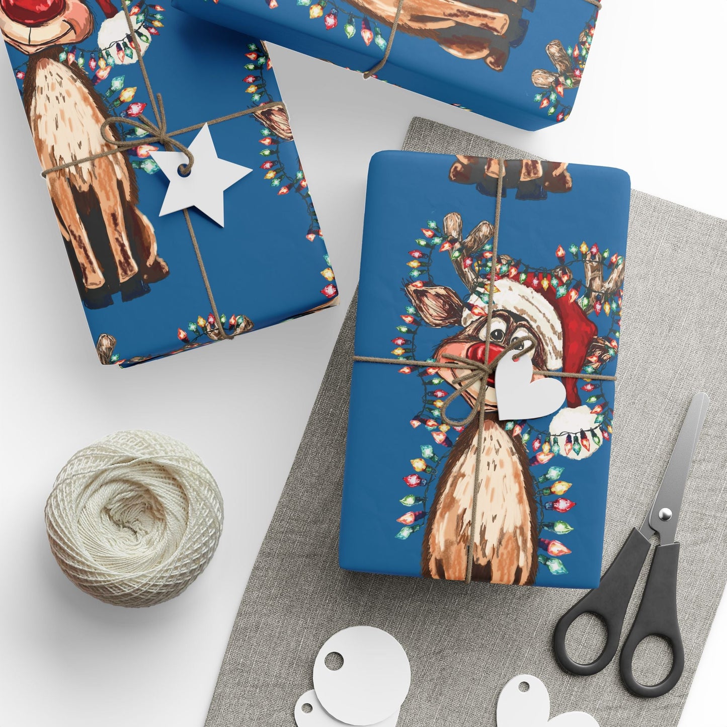 Festive Reindeer Wrapping Paper, Christmas Gift Wrap, Eco - Friendly - Blue Cava
