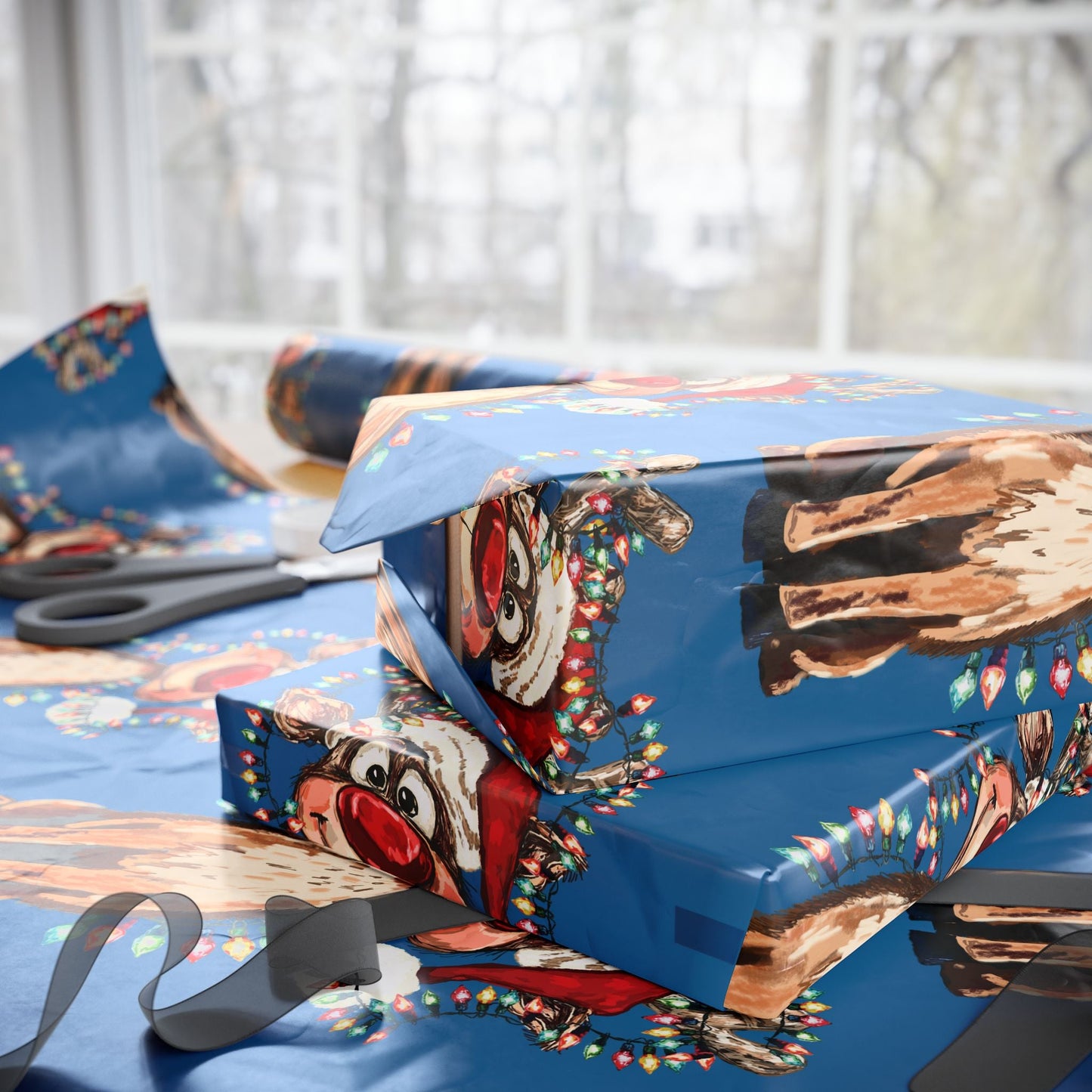 Festive Reindeer Wrapping Paper, Christmas Gift Wrap, Eco - Friendly - Blue Cava