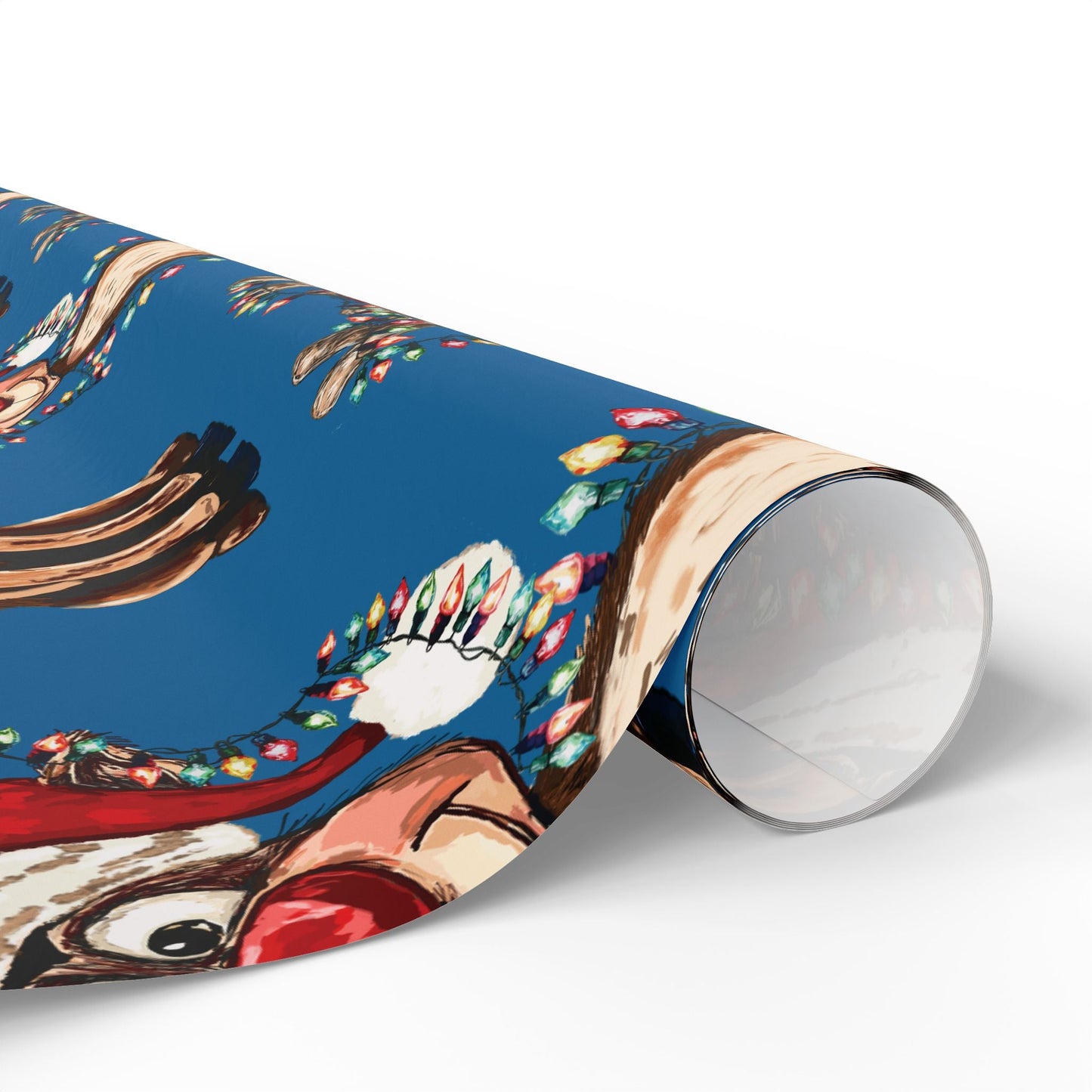 Festive Reindeer Wrapping Paper, Christmas Gift Wrap, Eco - Friendly - Blue Cava
