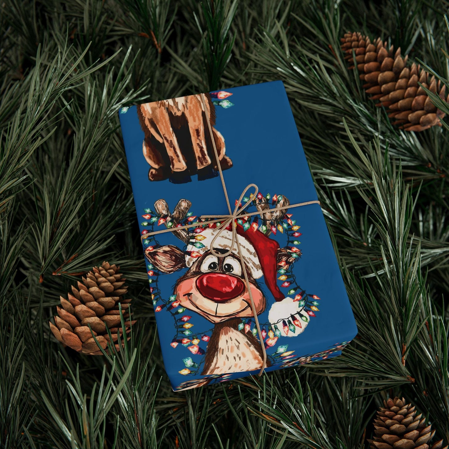 Festive Reindeer Wrapping Paper, Christmas Gift Wrap, Eco - Friendly - Blue Cava