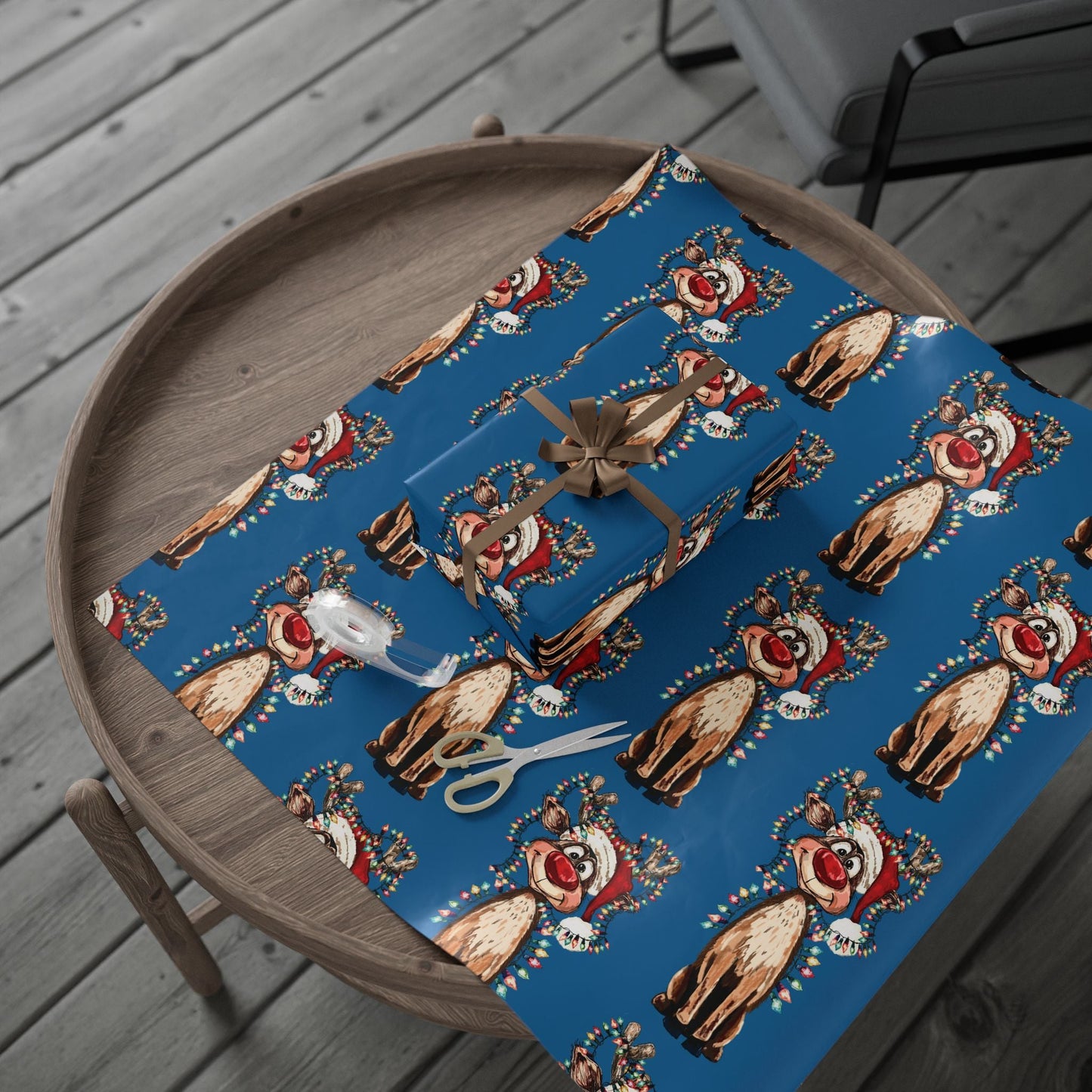 Festive Reindeer Wrapping Paper, Christmas Gift Wrap, Eco - Friendly - Blue Cava
