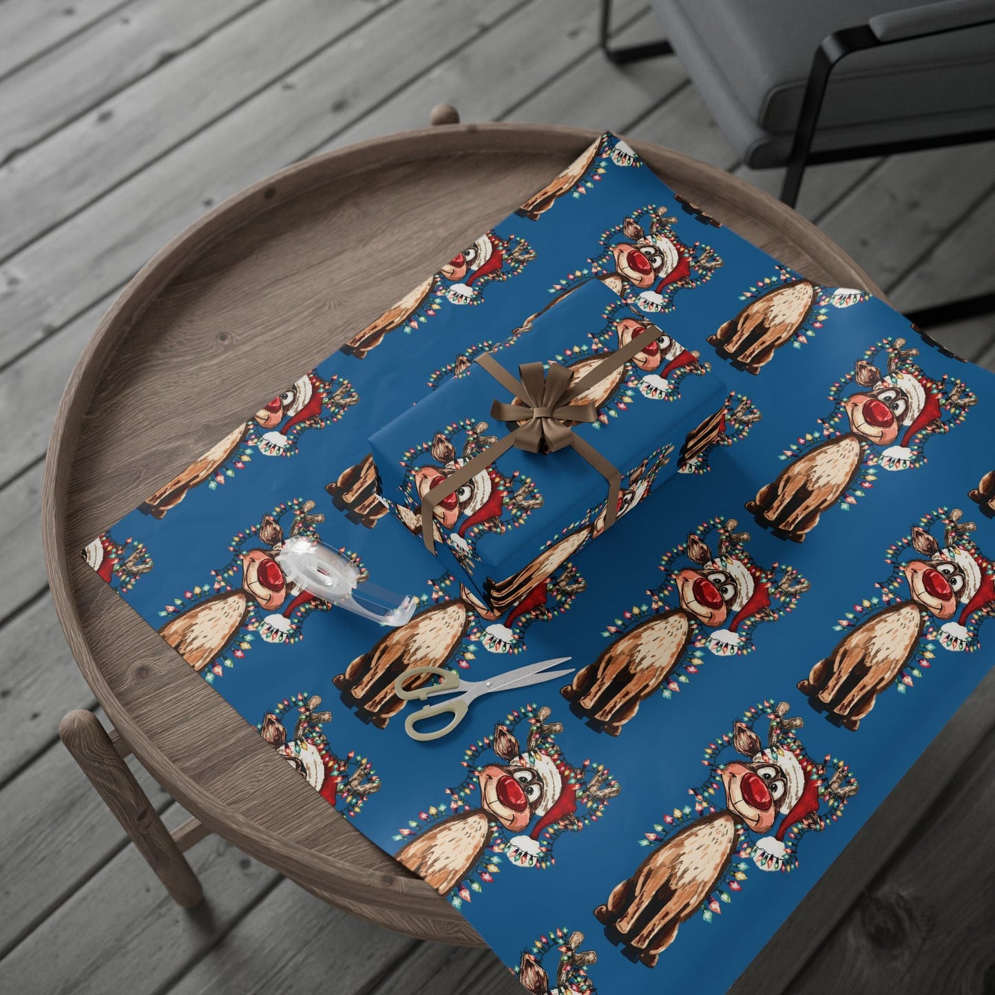 Festive Reindeer Wrapping Paper, Christmas Gift Wrap, Eco - Friendly - Blue Cava