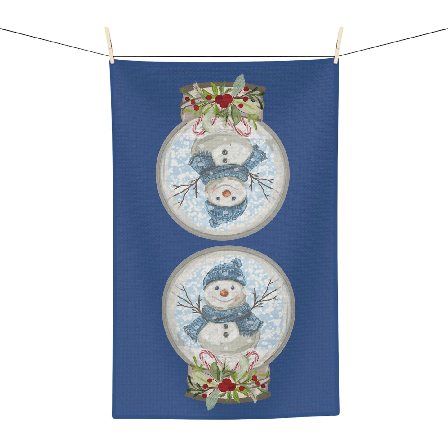 Festive Snowman Snow Globe Microfiber Waffle Towel, Holiday Kitchen Decor, Christmas Gift - Blue Cava