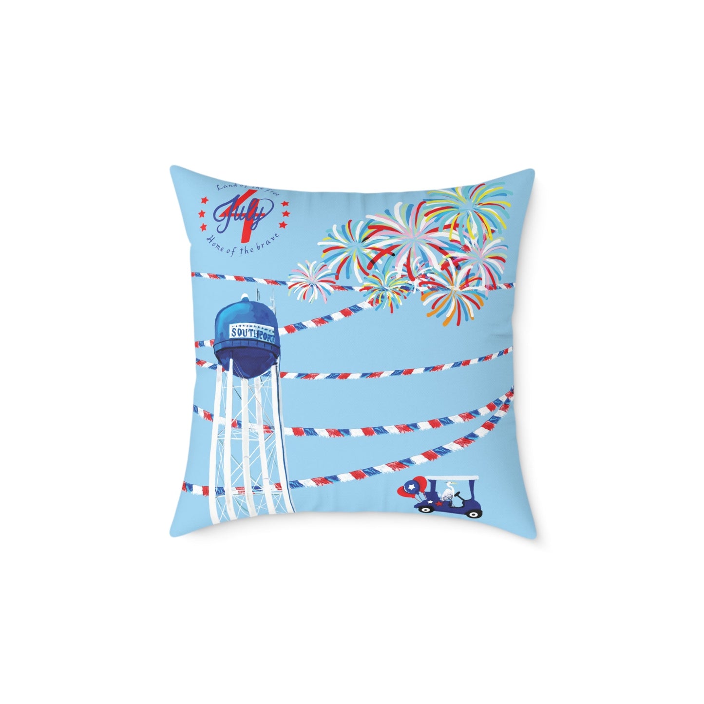 Festive Southport Celebration Poly Canvas Pillow - Water Tower & Fireworks Design - Blue Cava