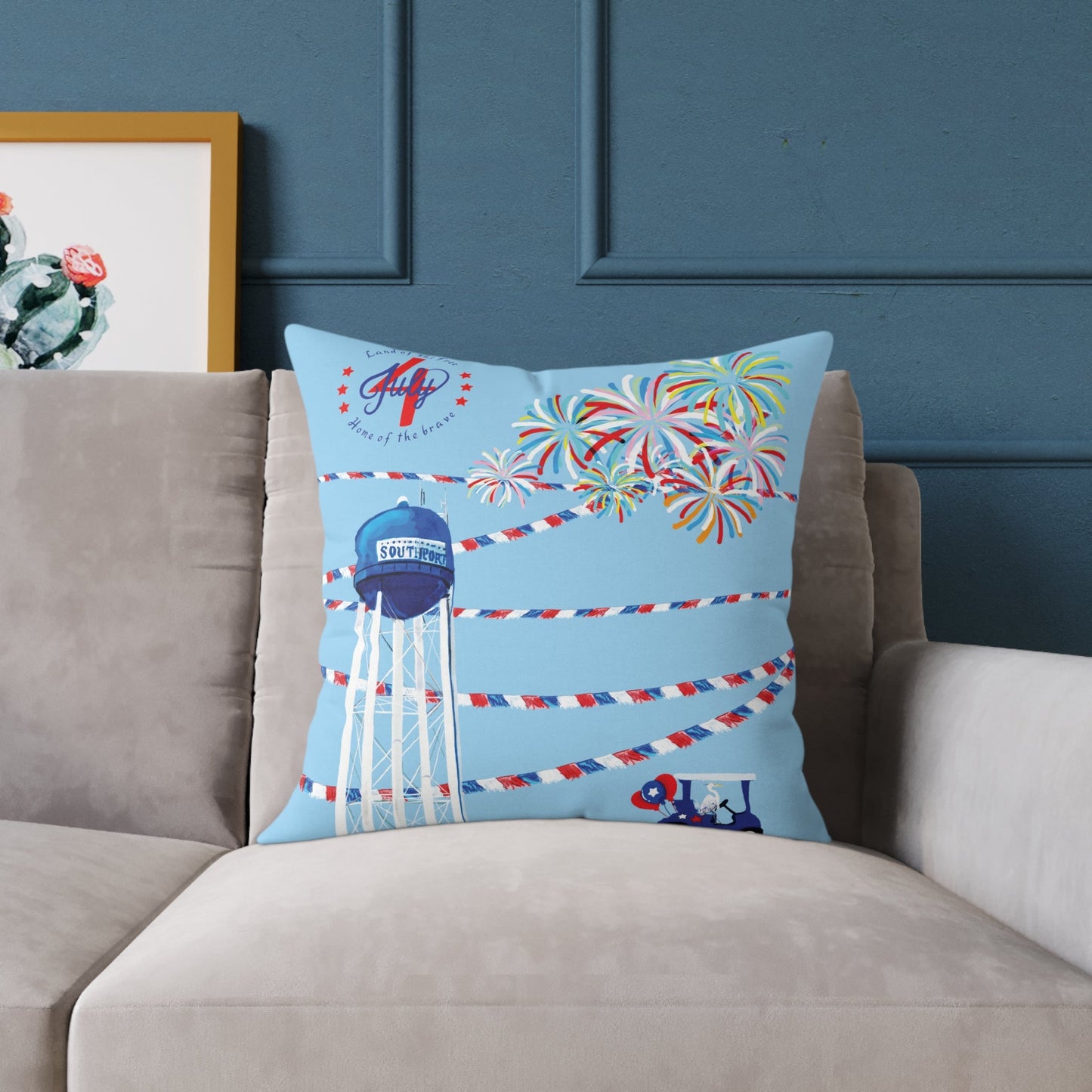 Festive Southport Celebration Poly Canvas Pillow - Water Tower & Fireworks Design - Blue Cava