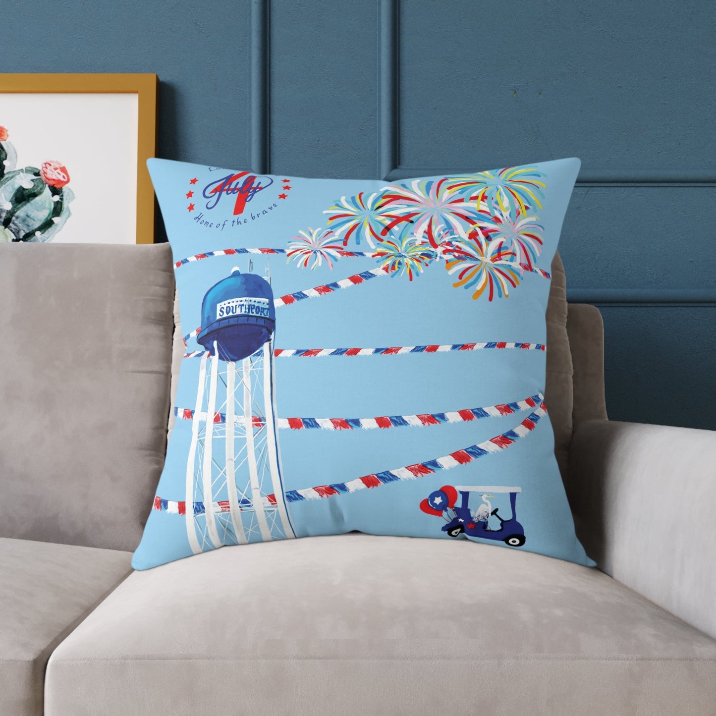 Festive Southport Celebration Poly Canvas Pillow - Water Tower & Fireworks Design - Blue Cava