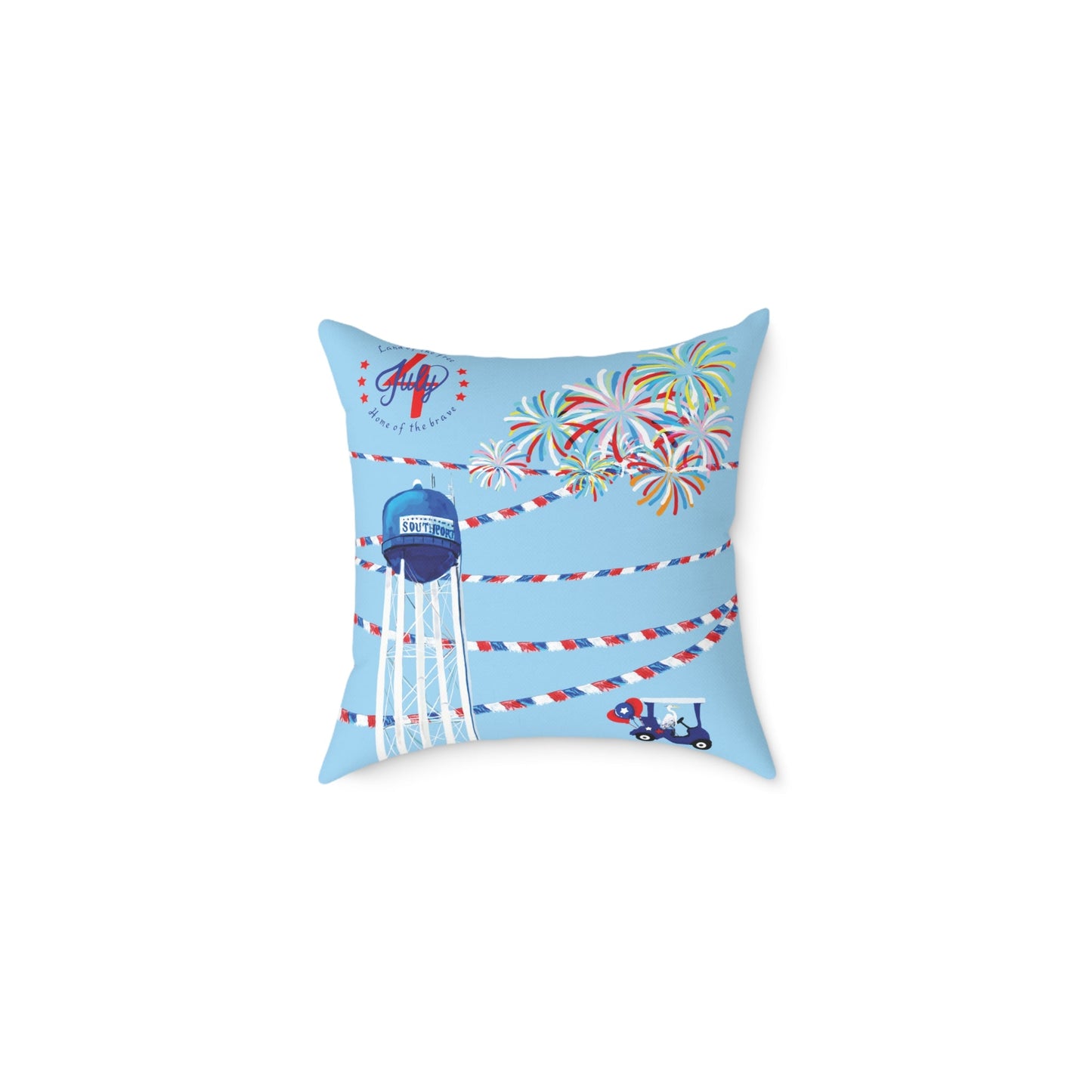 Festive Southport Celebration Poly Canvas Pillow - Water Tower & Fireworks Design - Blue Cava