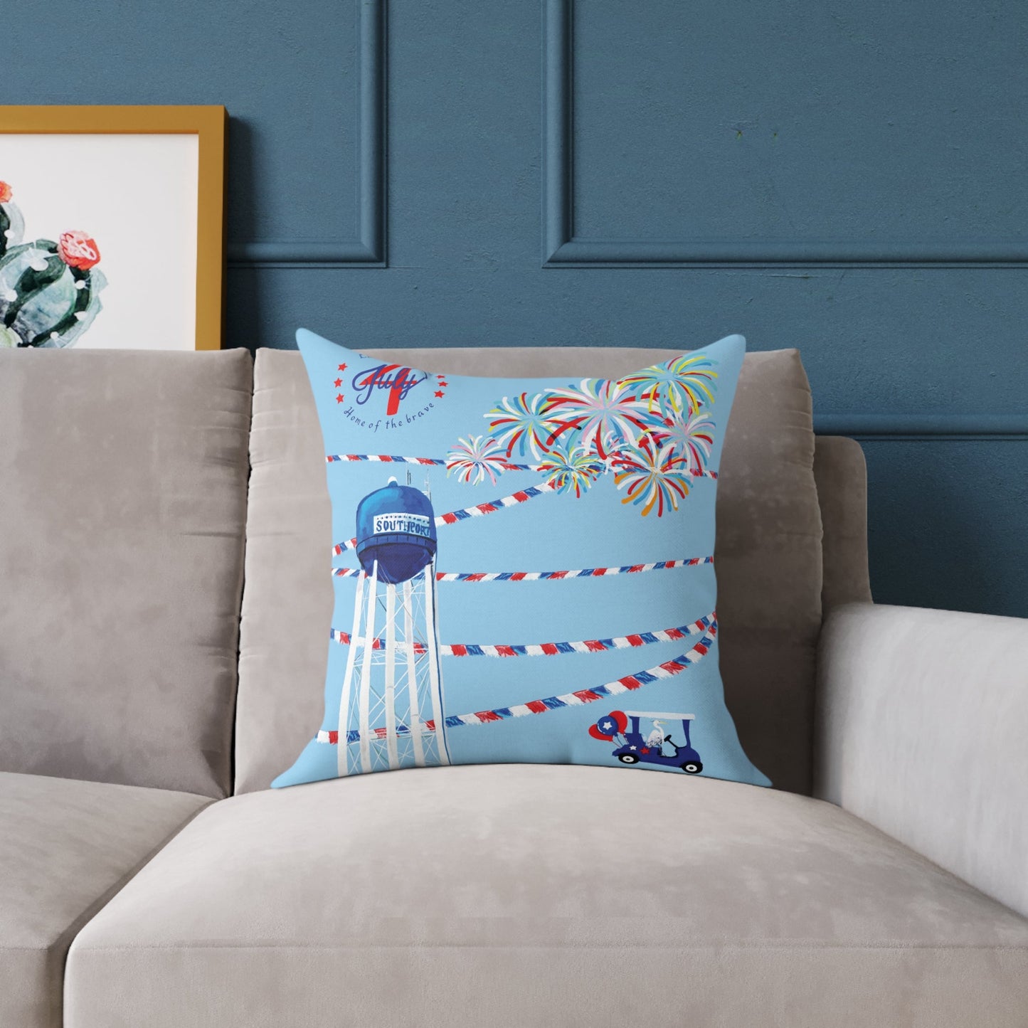 Festive Southport Celebration Poly Canvas Pillow - Water Tower & Fireworks Design - Blue Cava