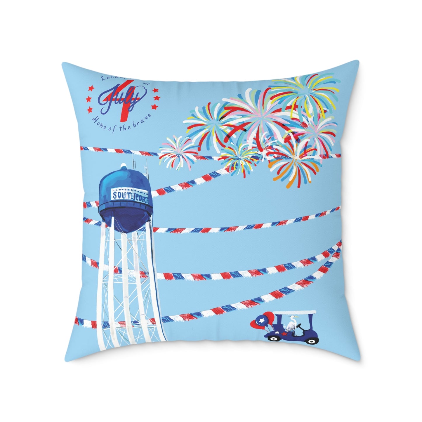Festive Southport Celebration Poly Canvas Pillow - Water Tower & Fireworks Design - Blue Cava