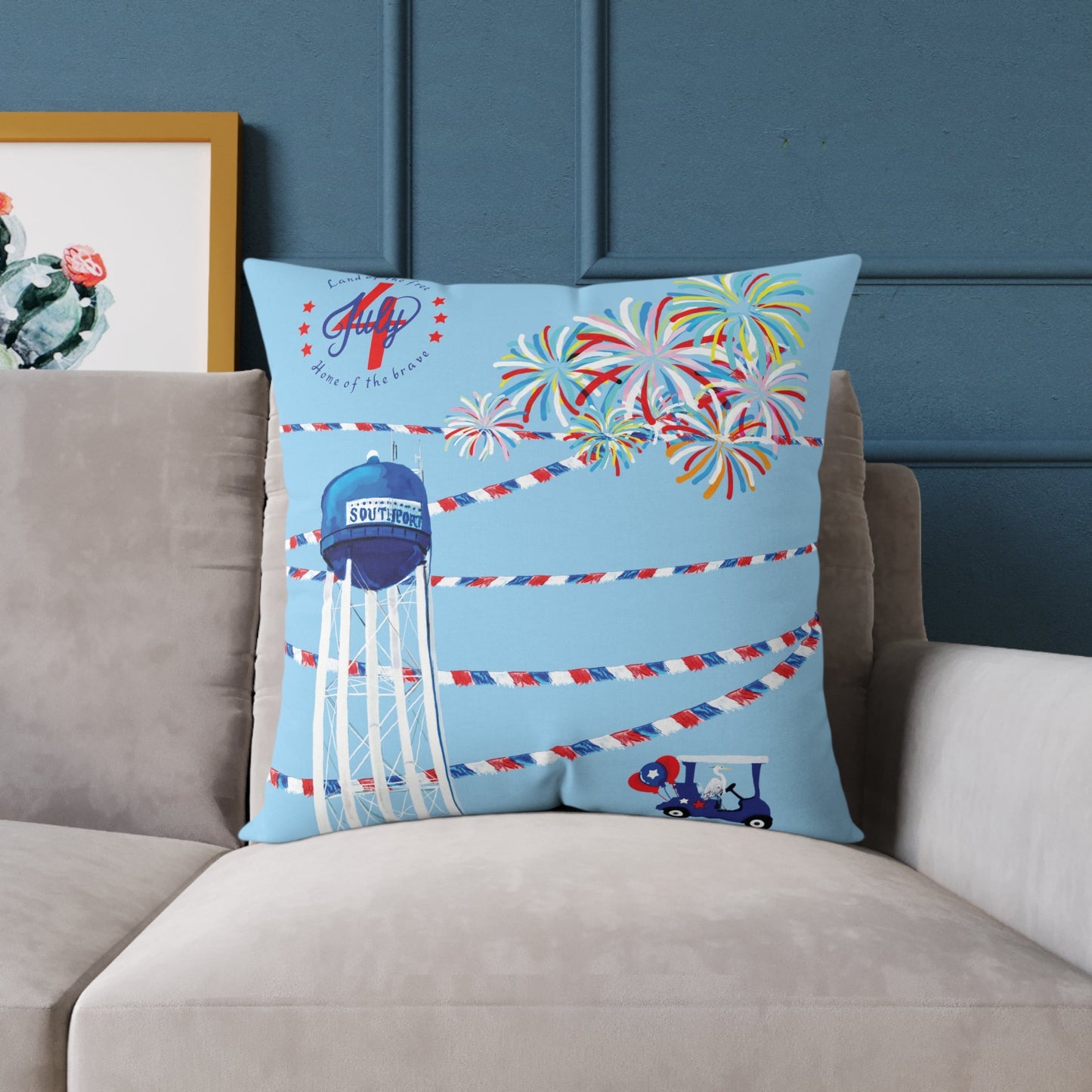 Festive Southport Celebration Poly Canvas Pillow - Water Tower & Fireworks Design - Blue Cava