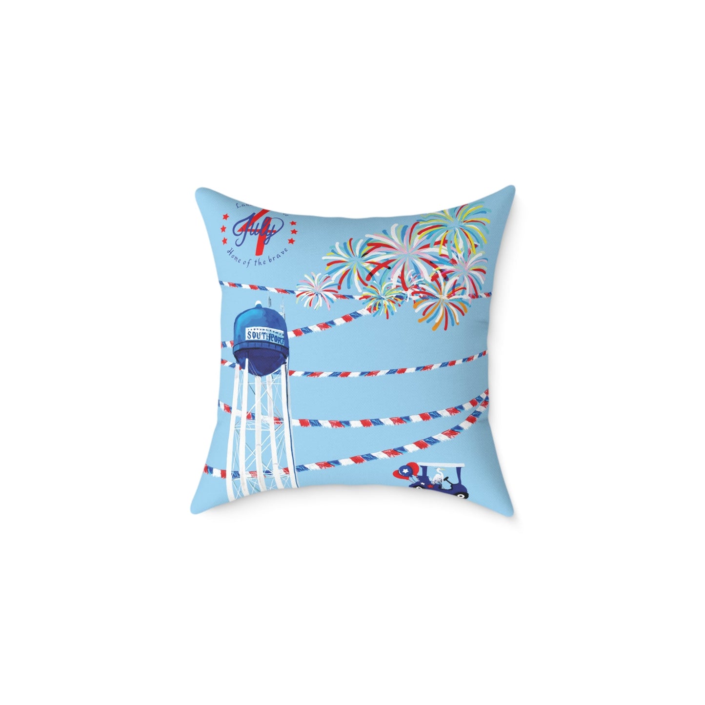 Festive Southport Celebration Poly Canvas Pillow - Water Tower & Fireworks Design - Blue Cava