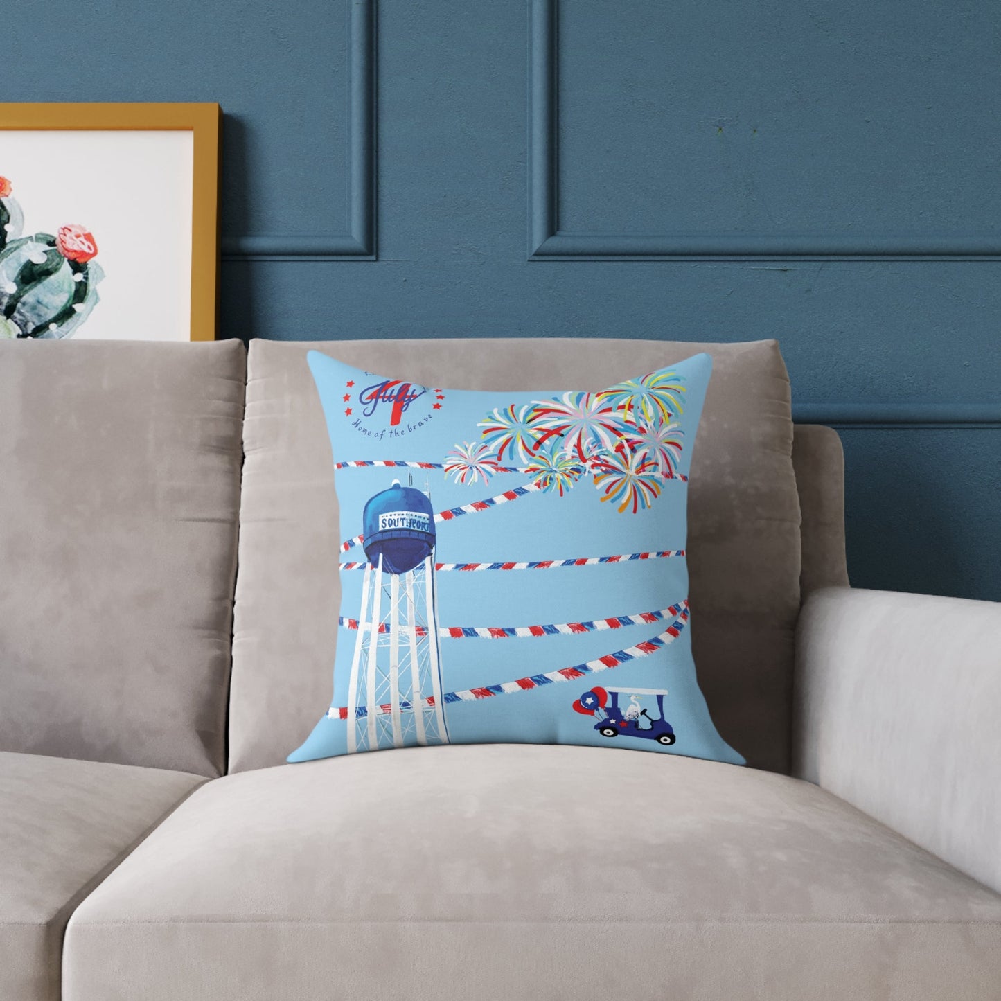 Festive Southport Celebration Poly Canvas Pillow - Water Tower & Fireworks Design - Blue Cava