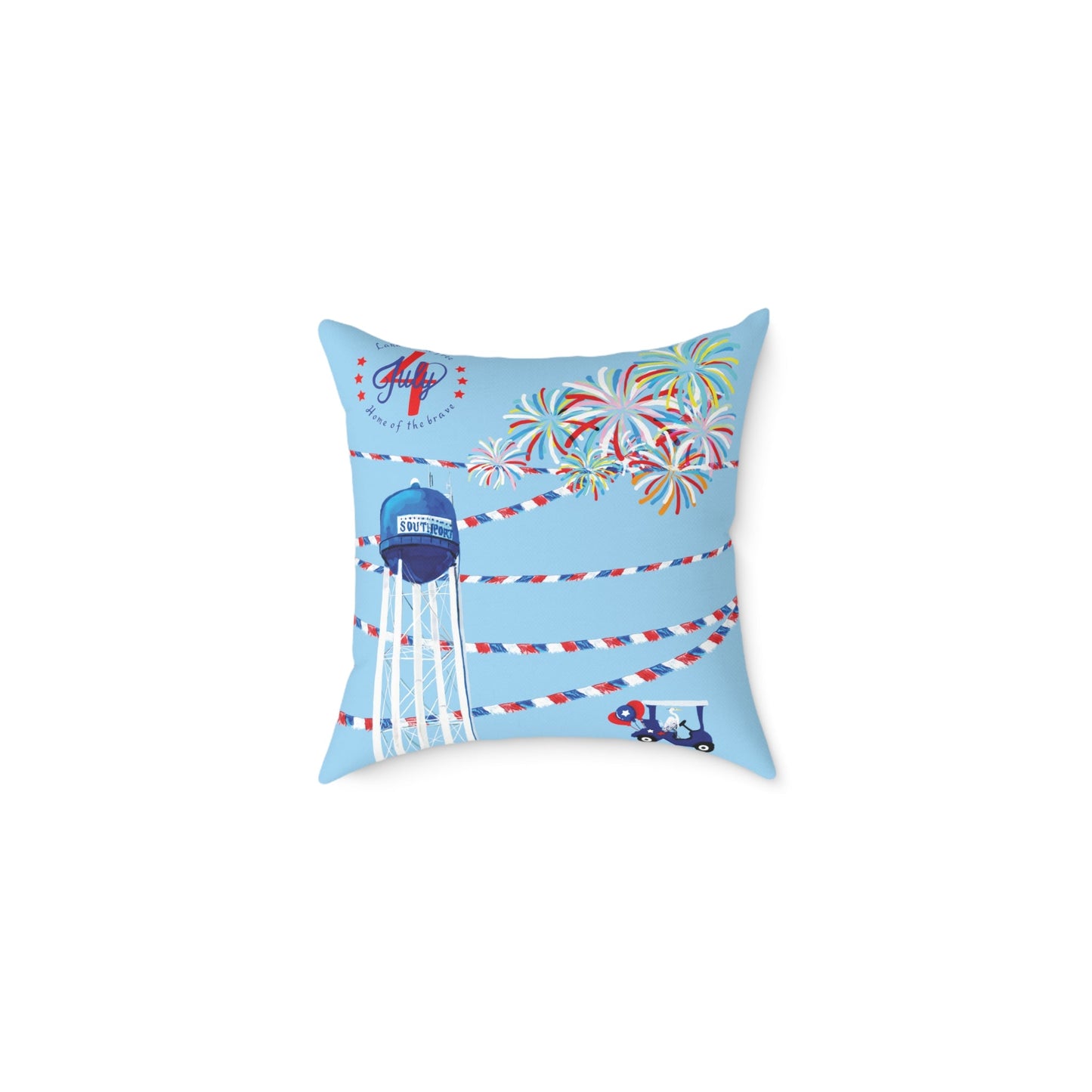 Festive Southport Celebration Poly Canvas Pillow - Water Tower & Fireworks Design - Blue Cava