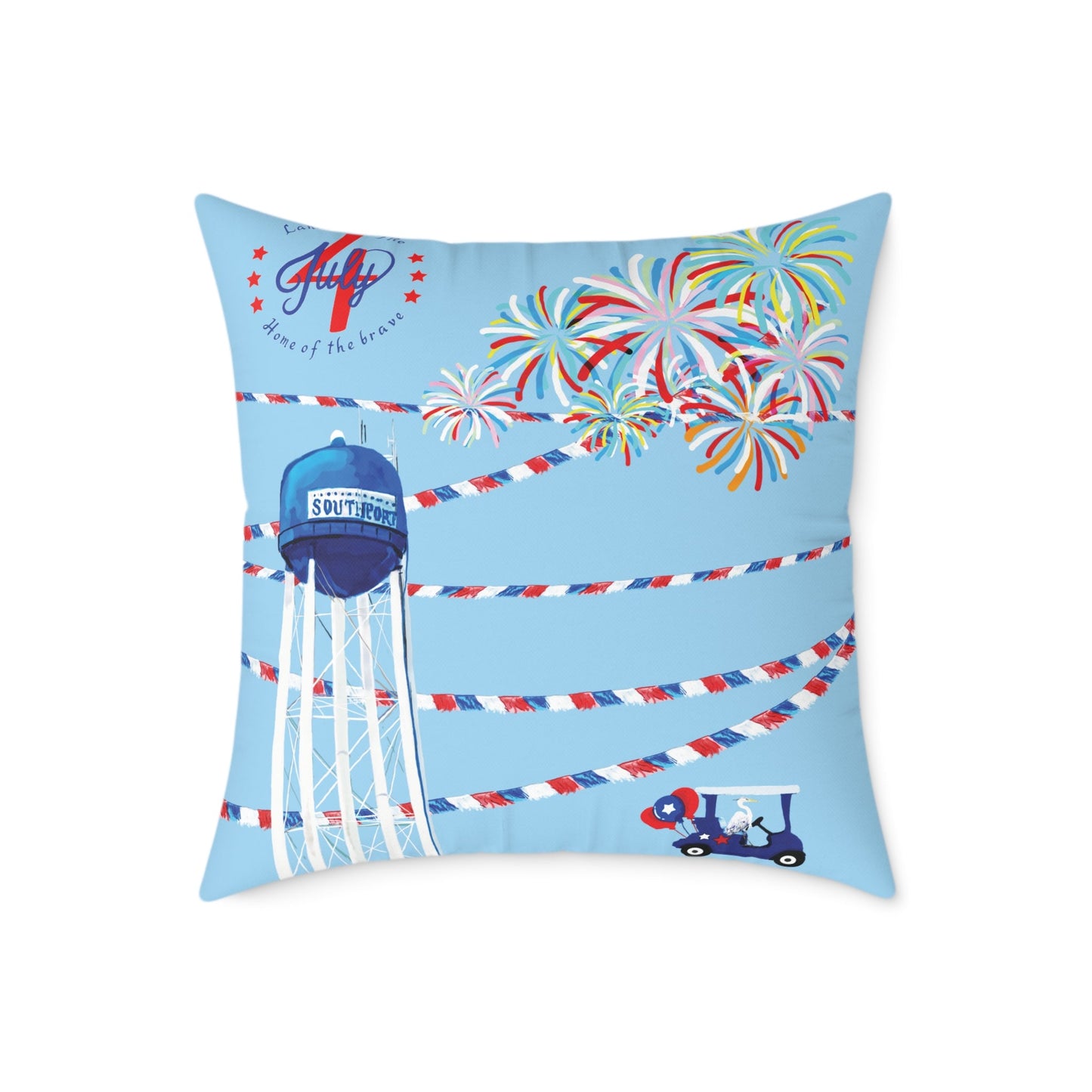 Festive Southport Celebration Poly Canvas Pillow - Water Tower & Fireworks Design - Blue Cava