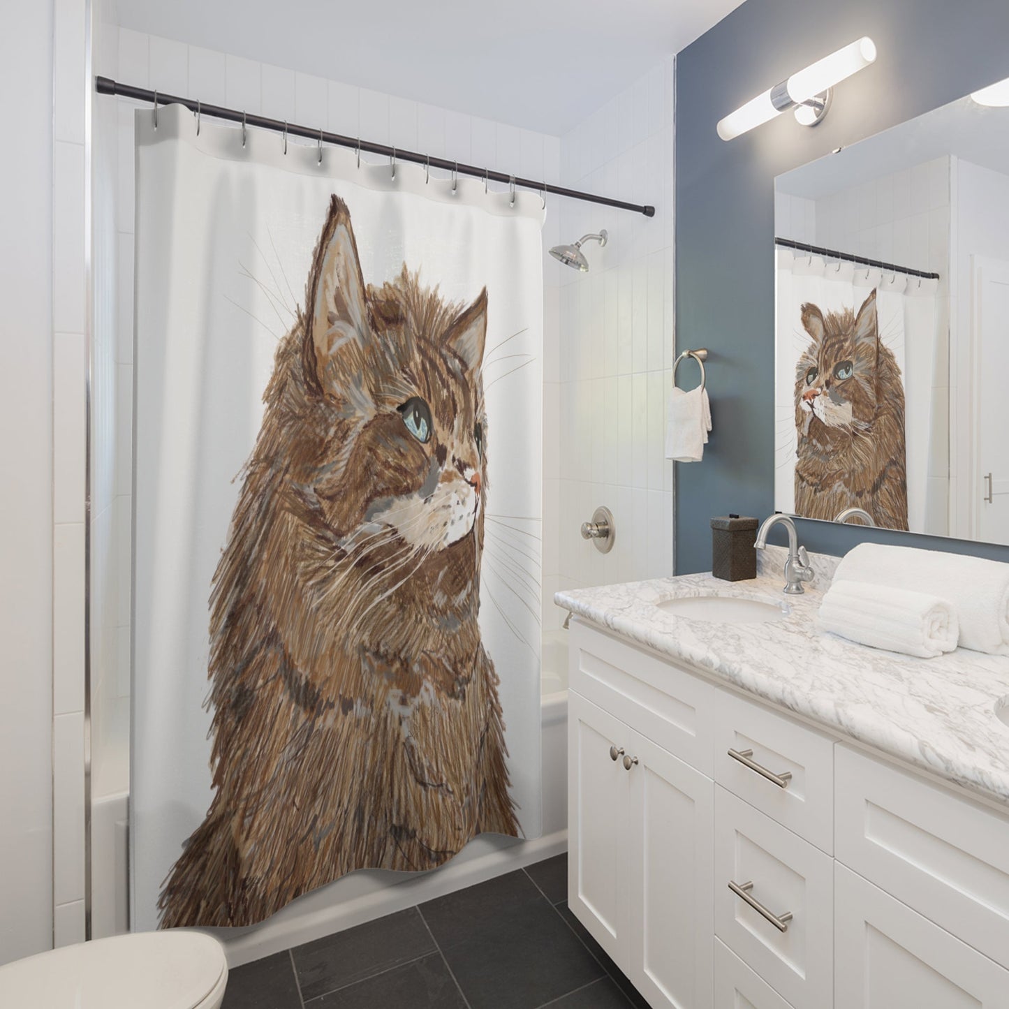 Fluffy Cat Shower Curtain - Cute Home Décor for Cat Lovers - Blue Cava