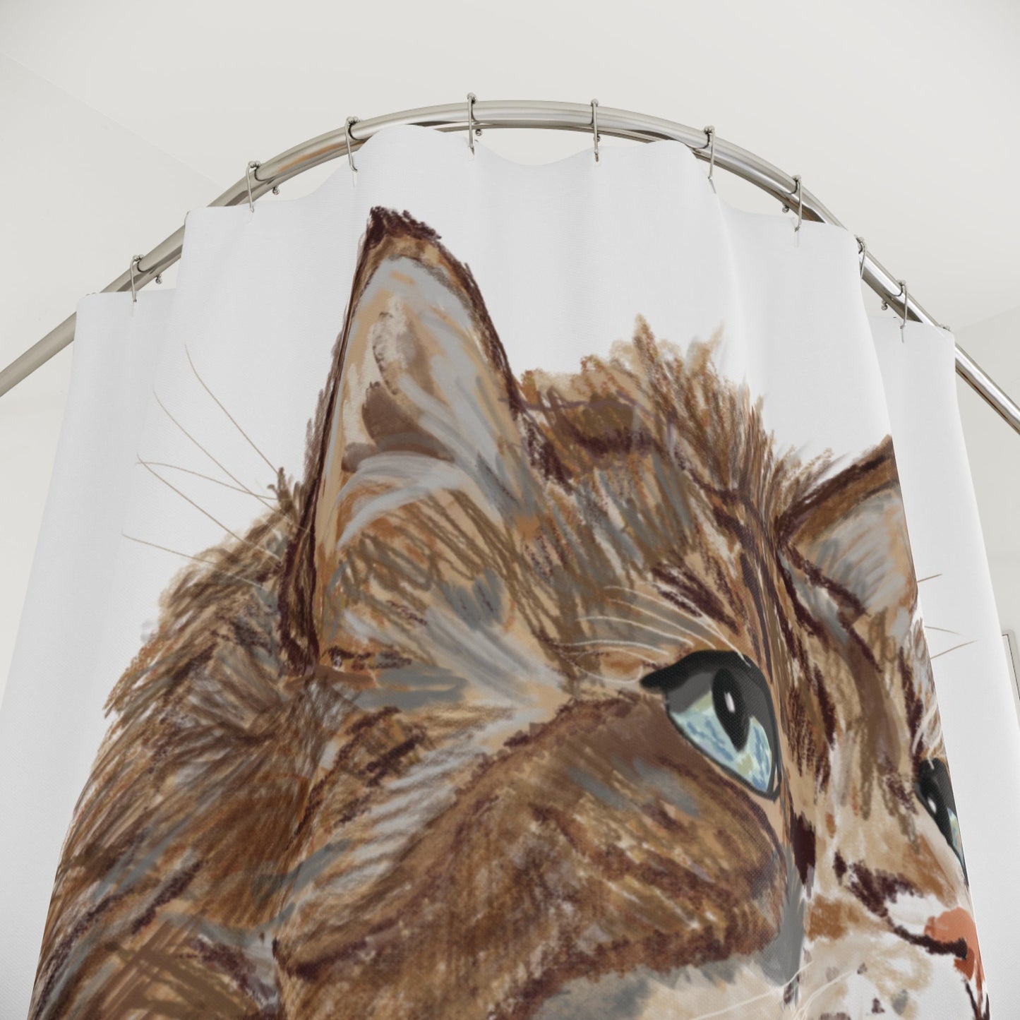 Fluffy Cat Shower Curtain - Cute Home Décor for Cat Lovers - Blue Cava