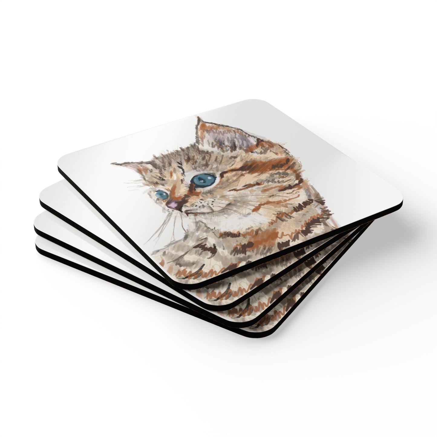 Kitten Cork Back Coaster Set - Blue Cava