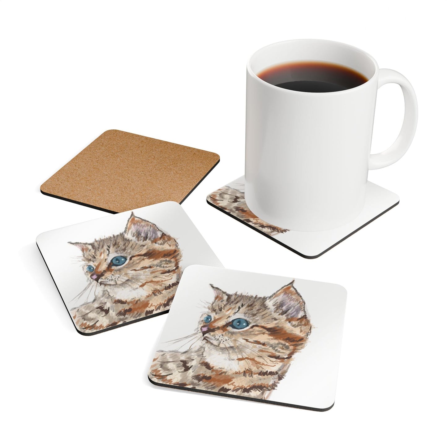 Kitten Cork Back Coaster Set - Blue Cava
