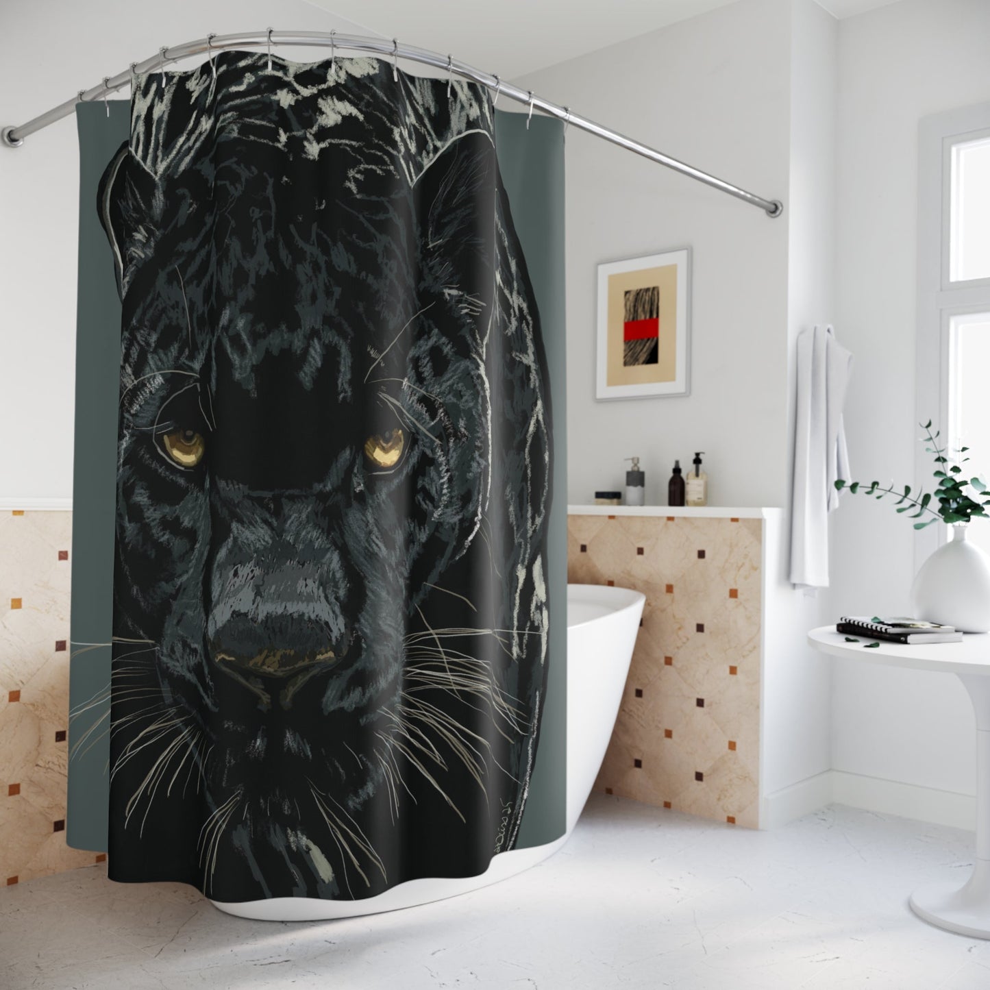 Majestic Black Panther Shower Curtain - Bold Jungle Decor - Blue Cava
