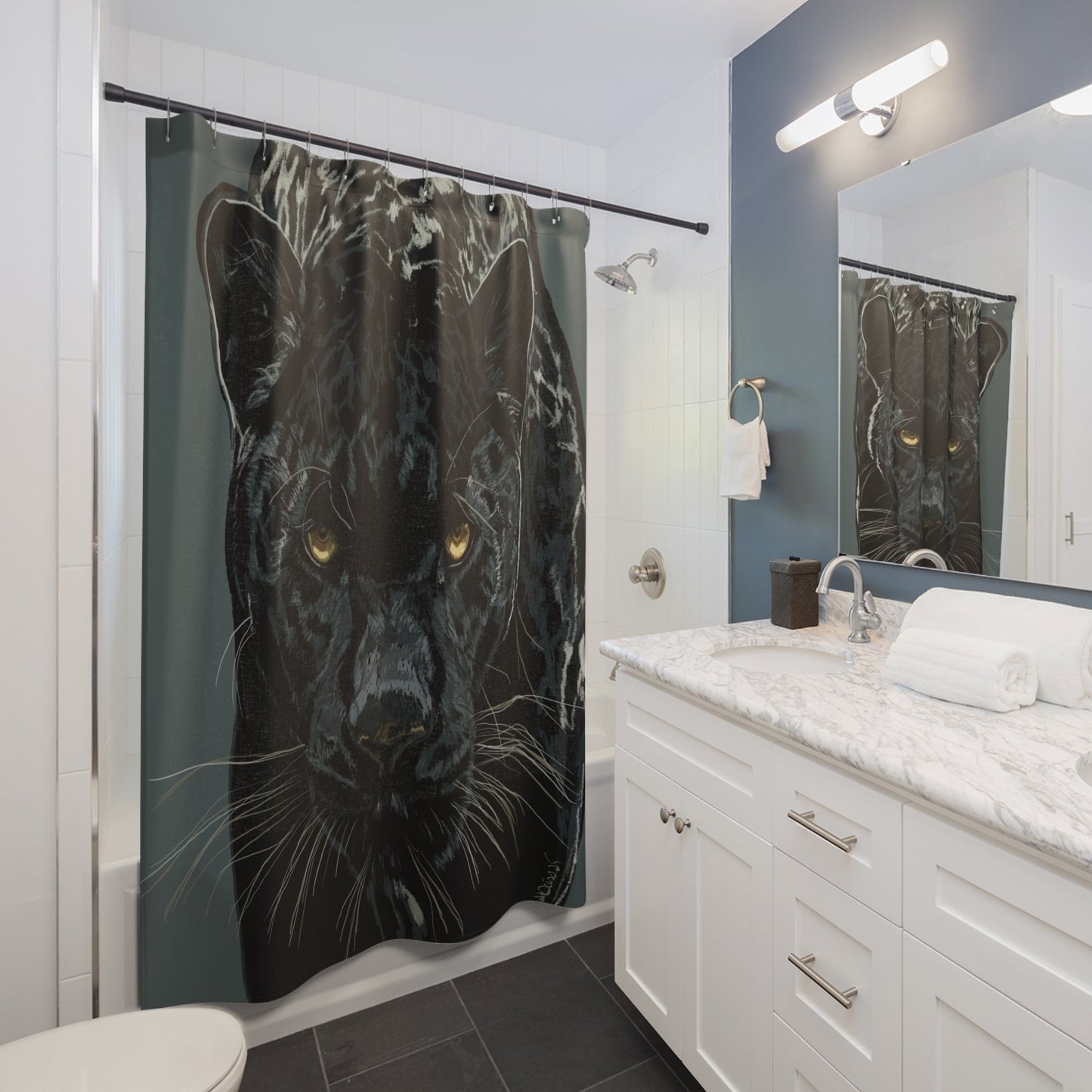 Majestic Black Panther Shower Curtain - Bold Jungle Decor - Blue Cava