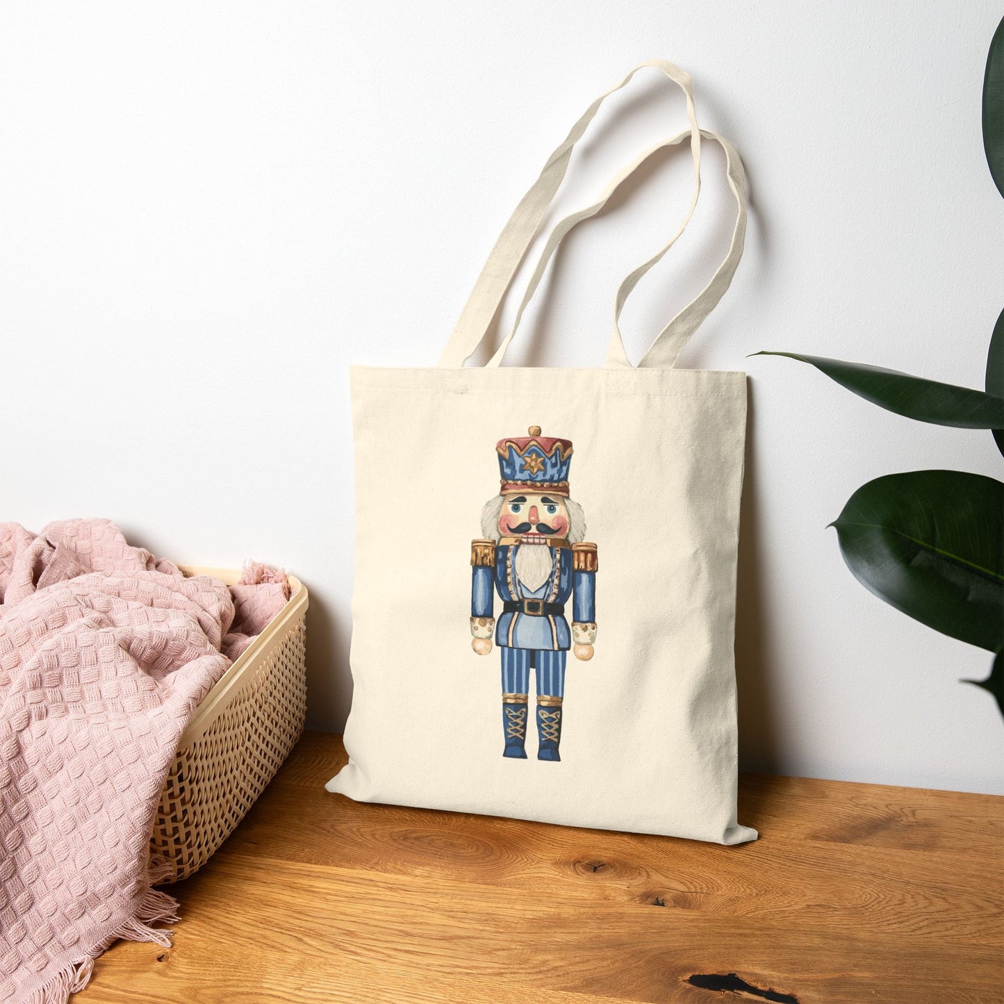 Nutcracker Holiday Cotton Canvas Tote Bag, Christmas Gift Bag, Reusable Grocery Bag, Eco - Friendly Bag - Blue Cava