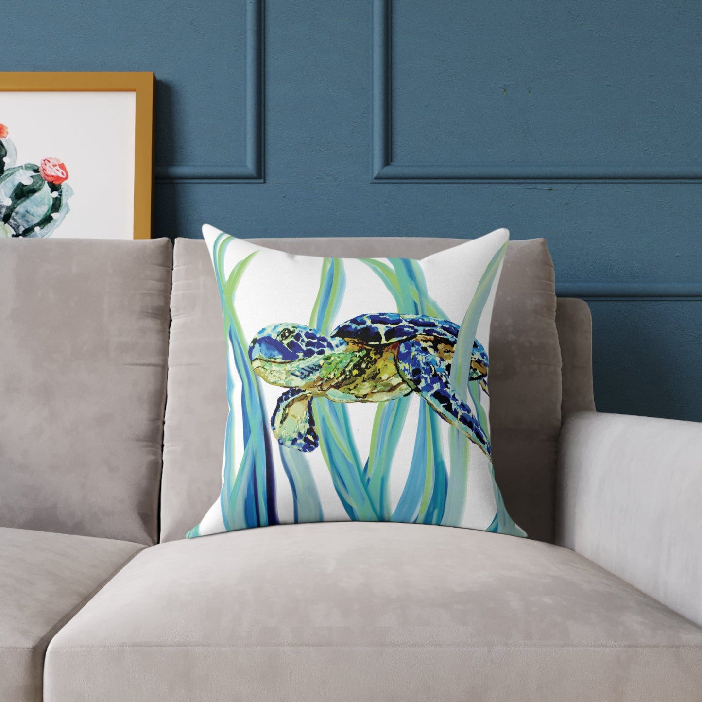 Ocean - Inspired Sea Turtle Square Pillow - Coastal Home Decor - Blue Cava