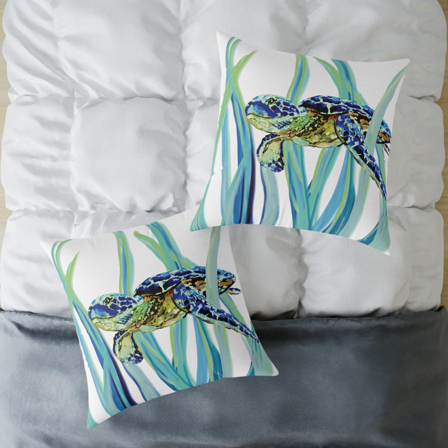 Ocean - Inspired Sea Turtle Square Pillow - Coastal Home Decor - Blue Cava
