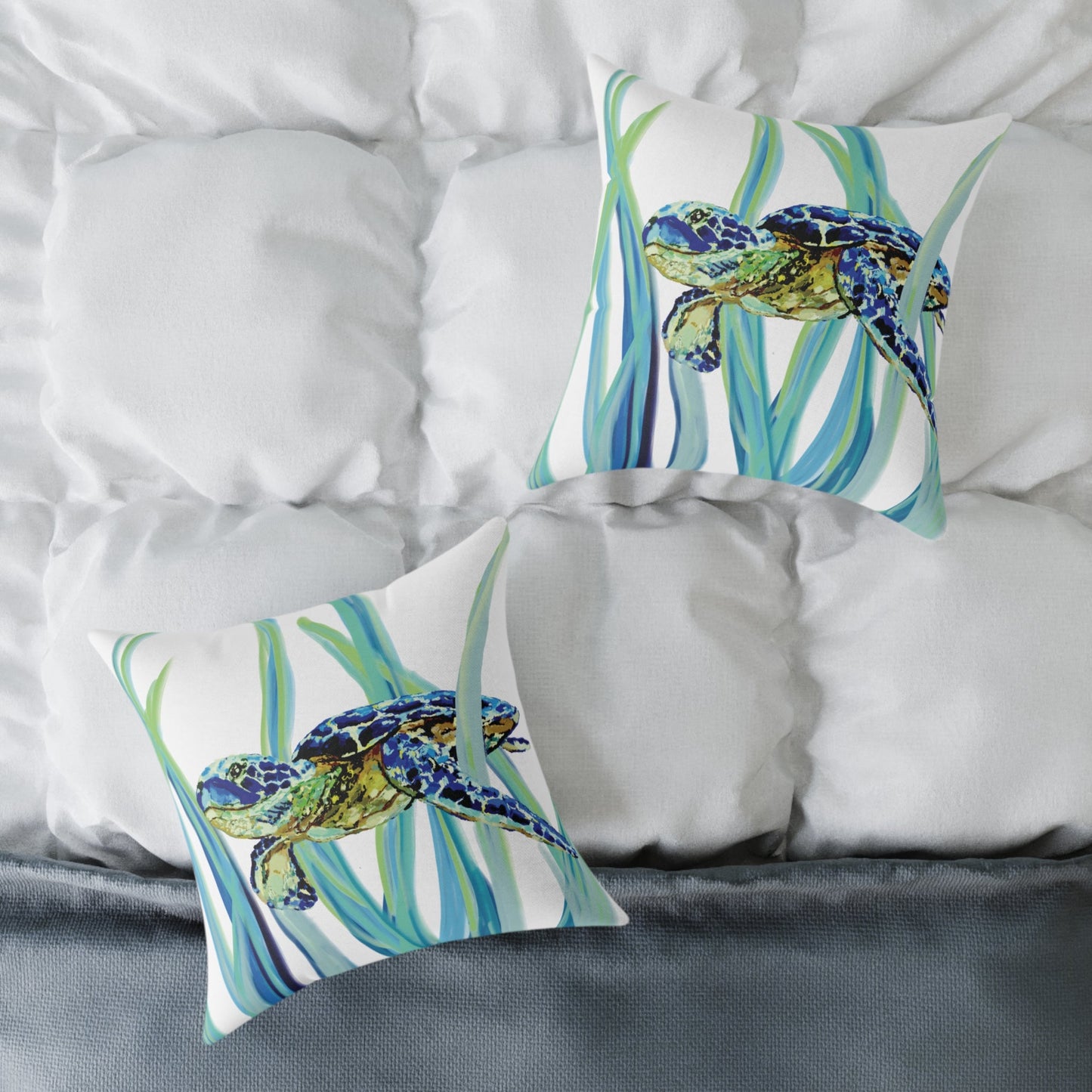 Ocean - Inspired Sea Turtle Square Pillow - Coastal Home Decor - Blue Cava