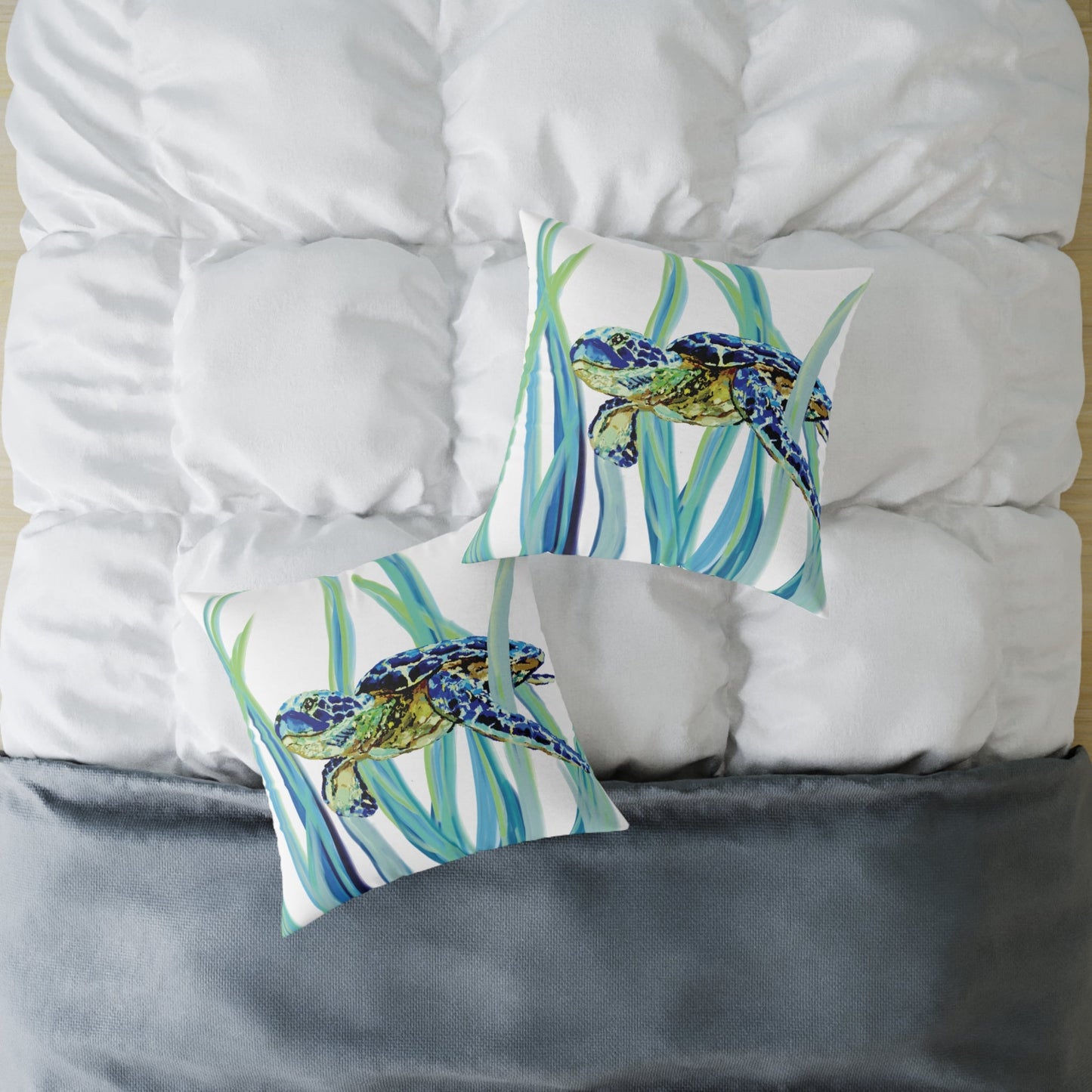 Ocean - Inspired Sea Turtle Square Pillow - Coastal Home Decor - Blue Cava