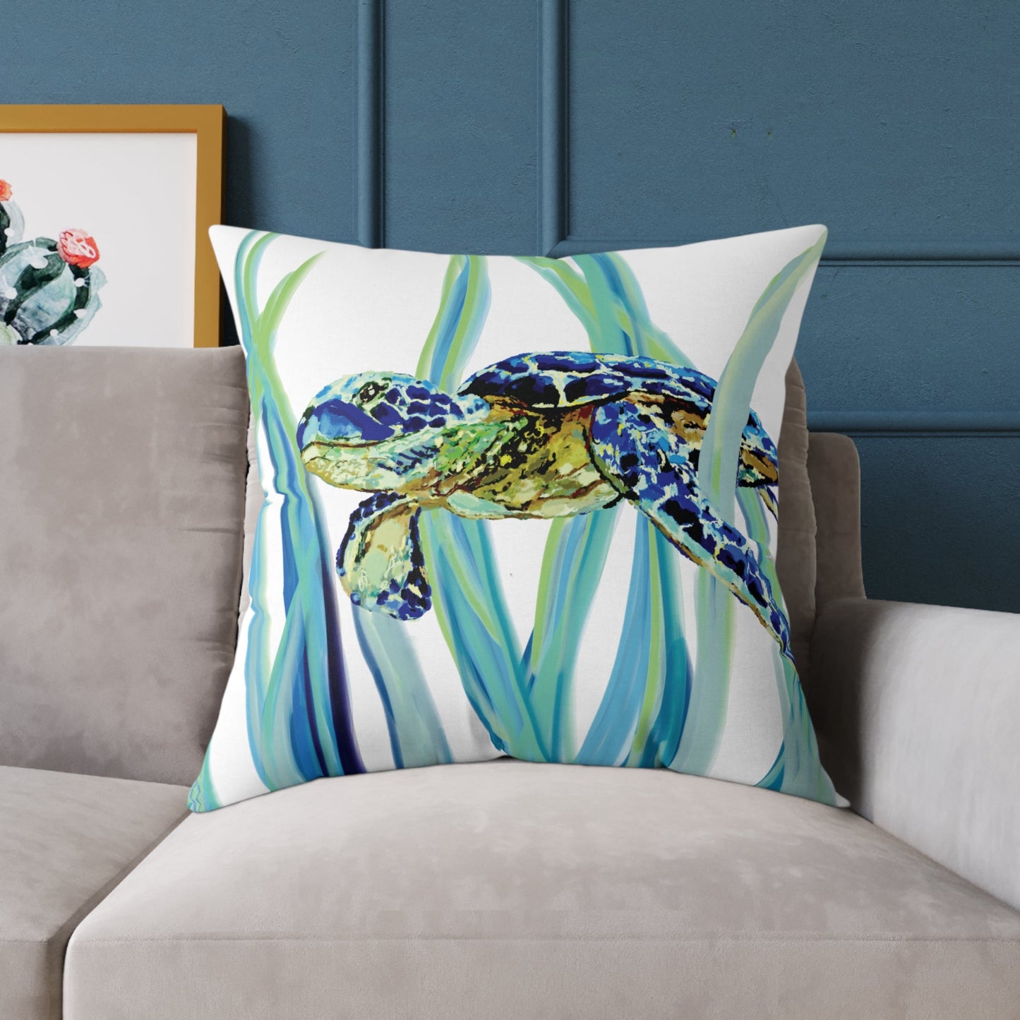 Ocean - Inspired Sea Turtle Square Pillow - Coastal Home Decor - Blue Cava