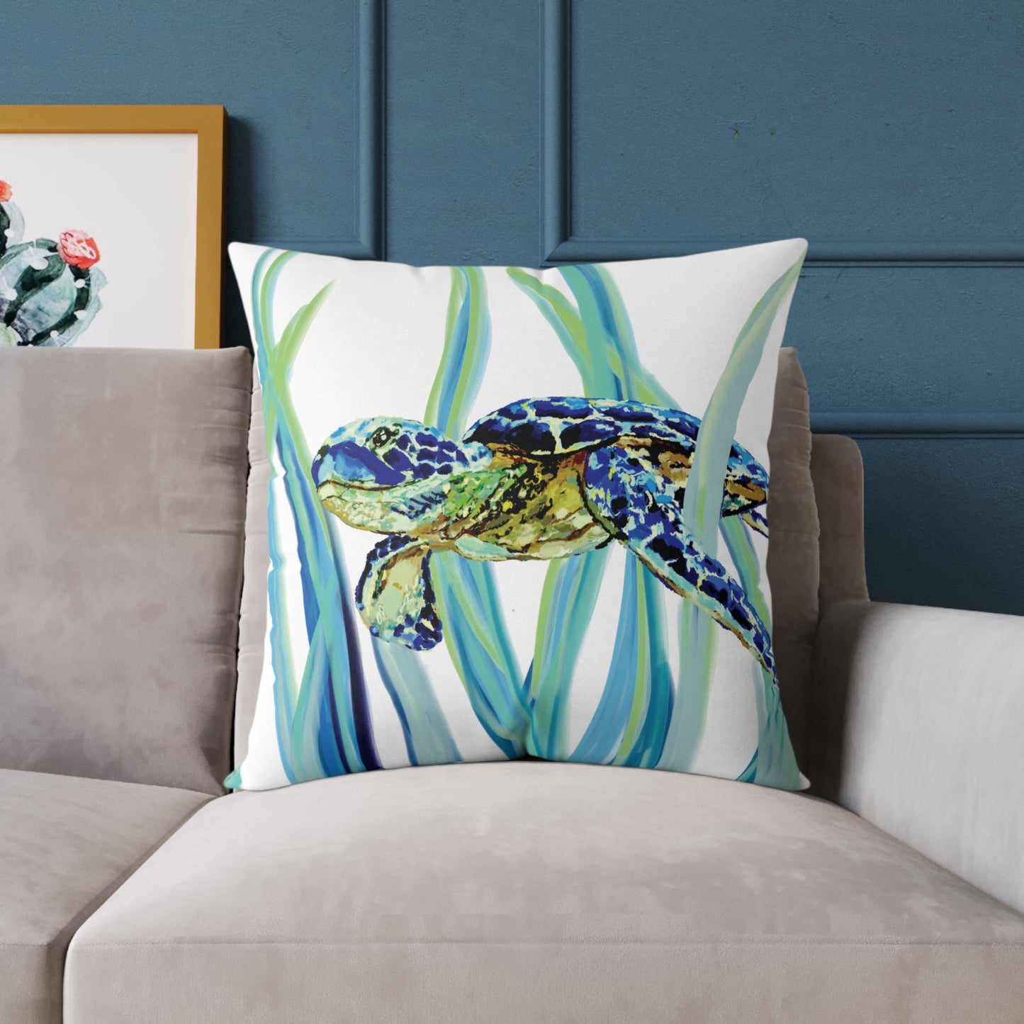 Ocean - Inspired Sea Turtle Square Pillow - Coastal Home Decor - Blue Cava