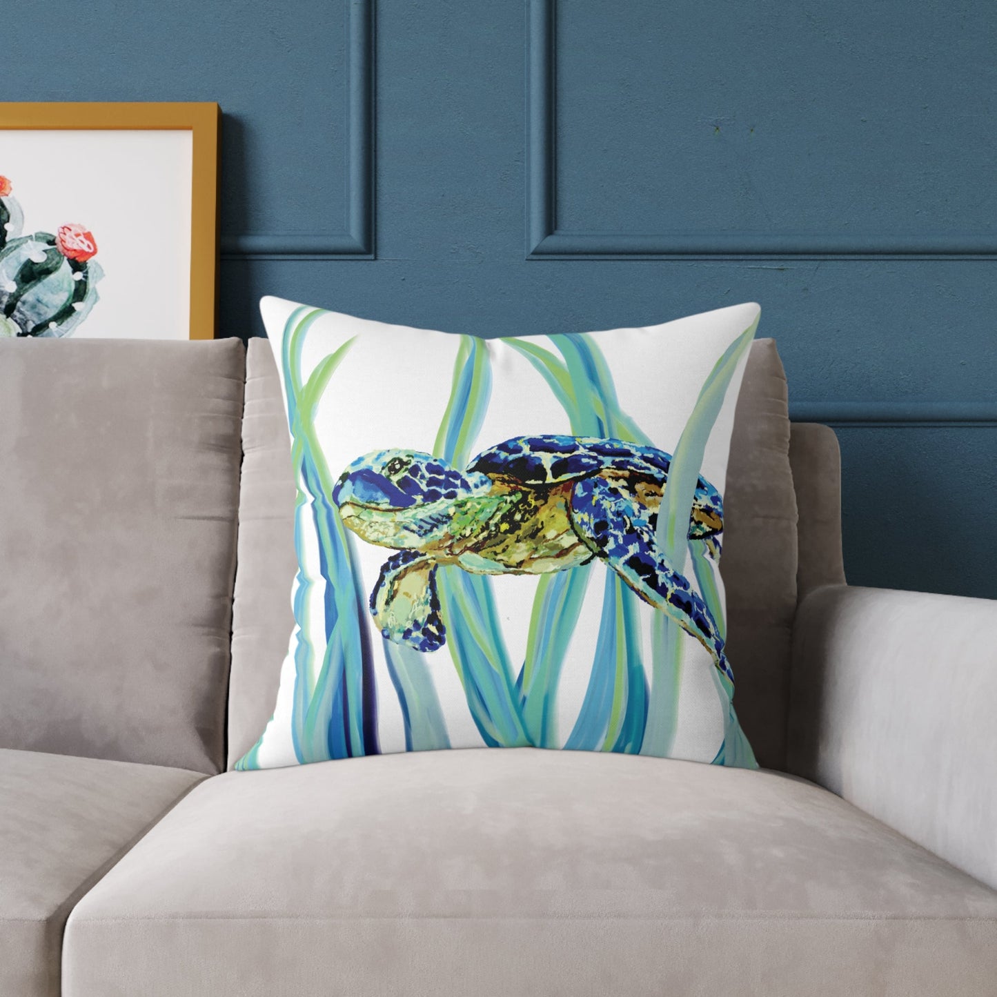 Ocean - Inspired Sea Turtle Square Pillow - Coastal Home Decor - Blue Cava