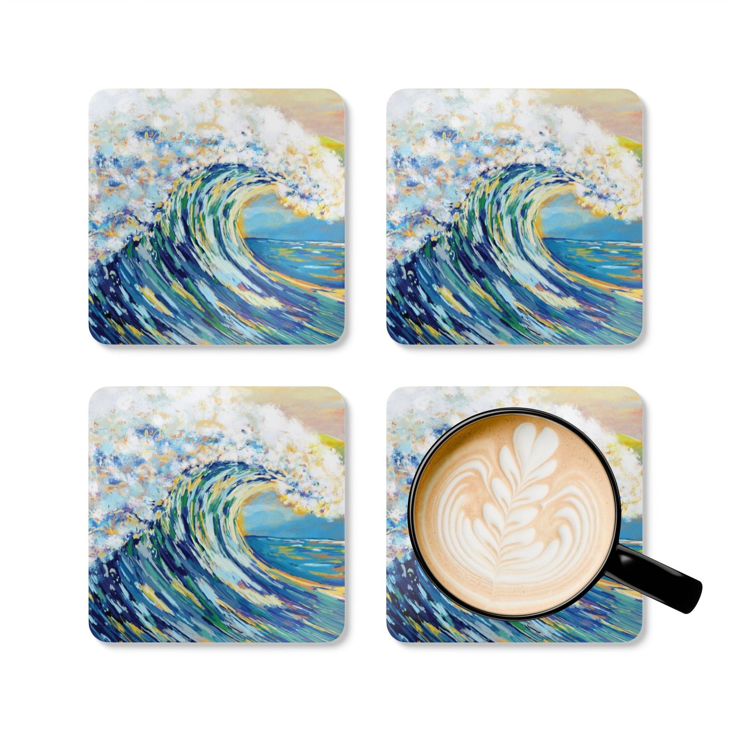 Ocean Wave Cork Coaster Set - Artistic Drink Coasters for Home Decor - Blue Cava