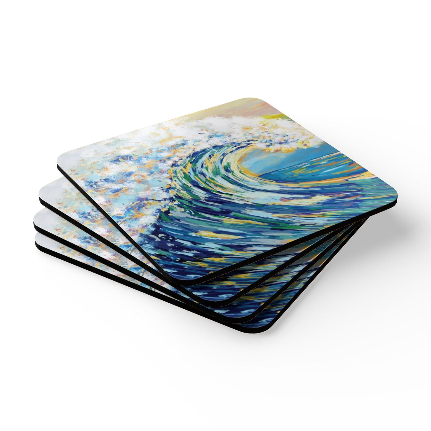 Ocean Wave Cork Coaster Set - Artistic Drink Coasters for Home Decor - Blue Cava