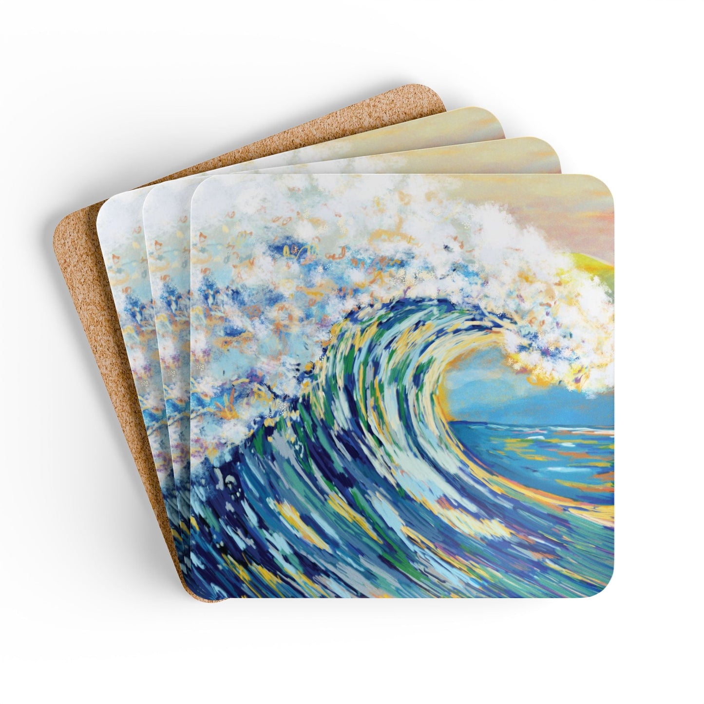 Ocean Wave Cork Coaster Set - Artistic Drink Coasters for Home Decor - Blue Cava