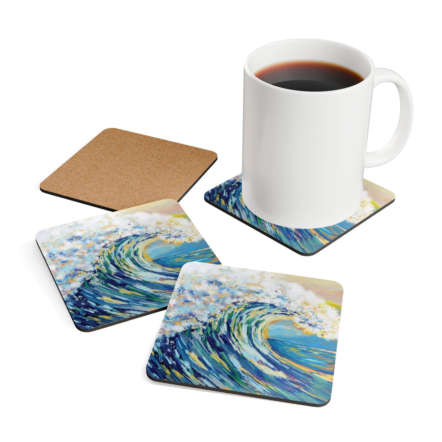 Ocean Wave Cork Coaster Set - Artistic Drink Coasters for Home Decor - Blue Cava
