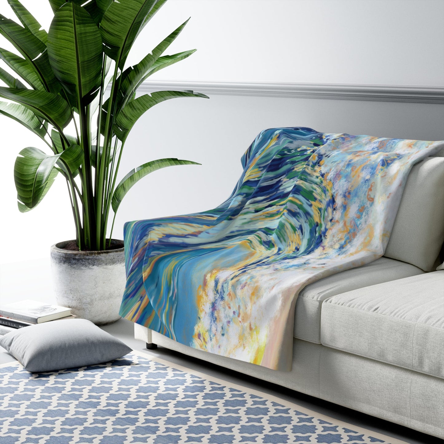Ocean Wave Sherpa Fleece Blanket - Cozy Home Decor for Beach Lovers - Blue Cava