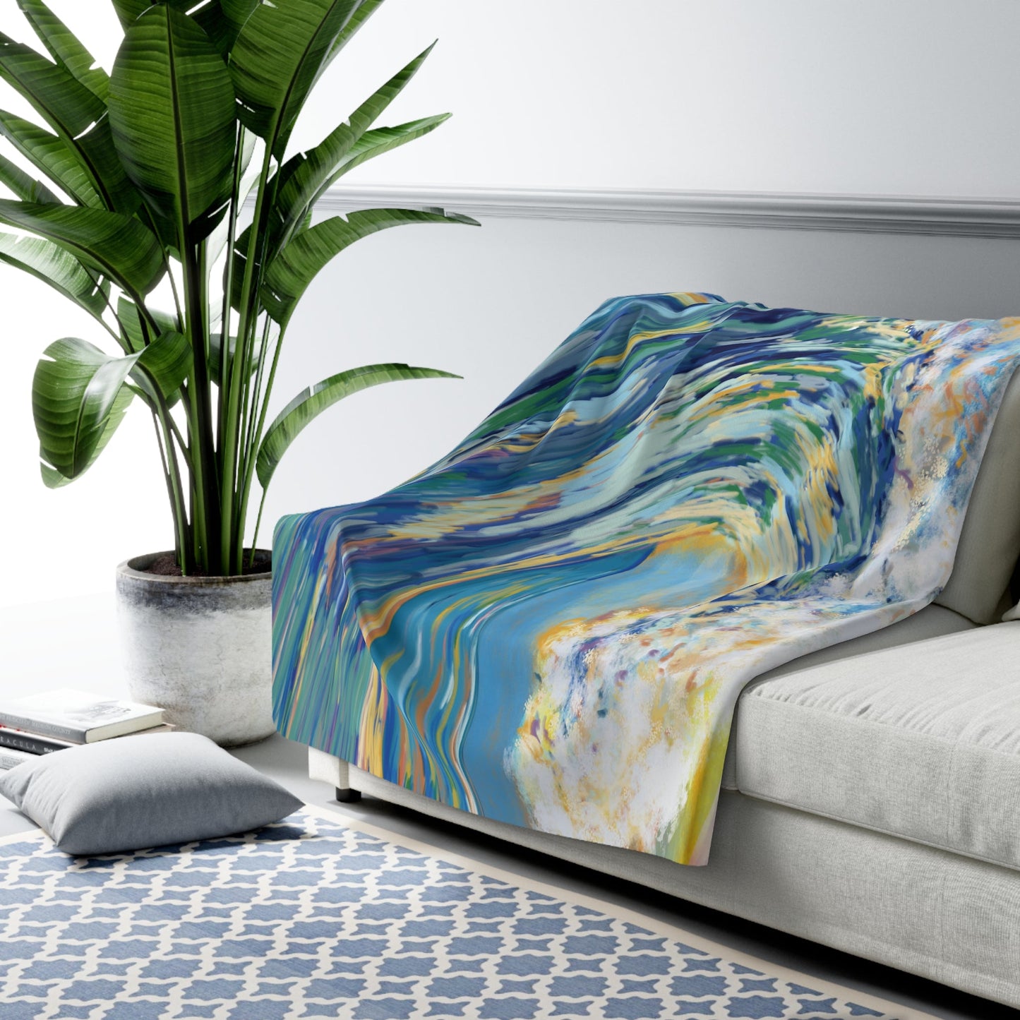 Ocean Wave Sherpa Fleece Blanket - Cozy Home Decor for Beach Lovers - Blue Cava