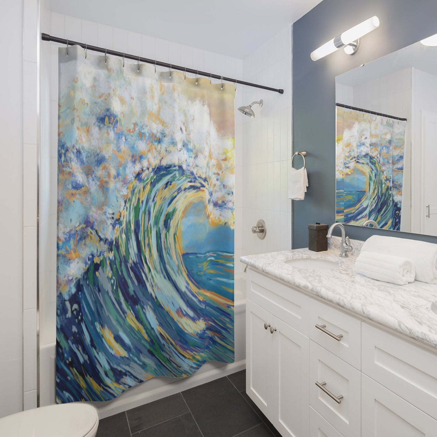Ocean Wave Shower Curtain – Colorful Coastal Bathroom Decor - Blue Cava